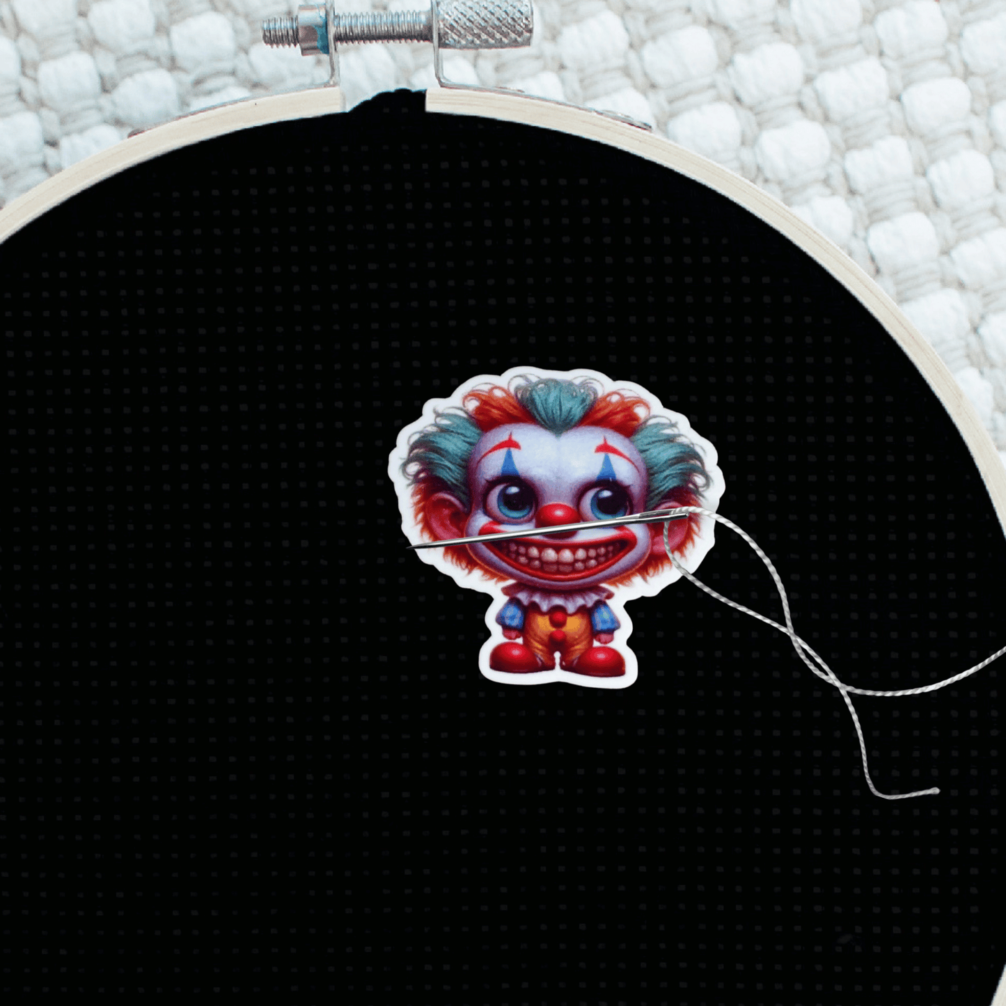 Decorative clown cross stitch needle minder magnet