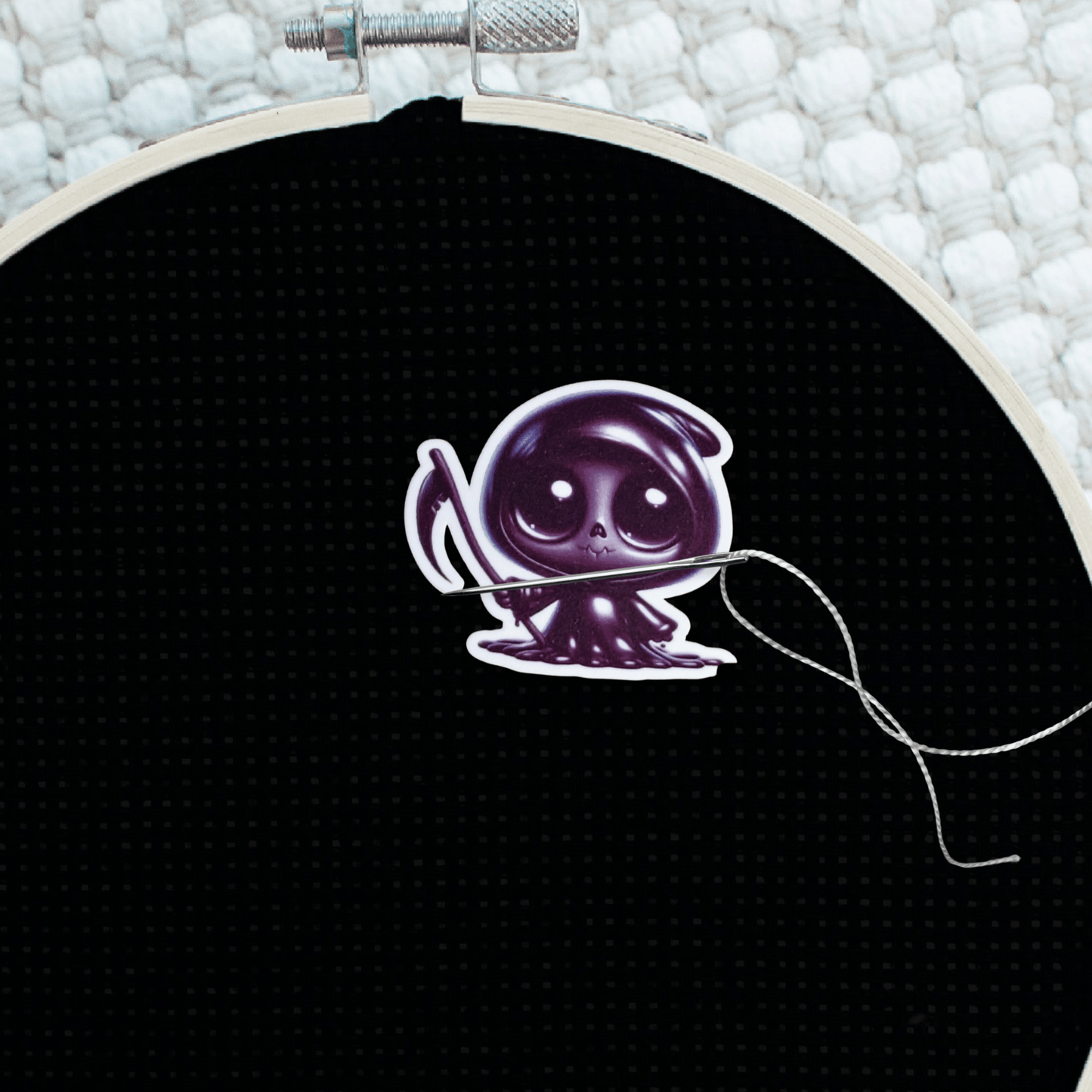 Decorative spooky little reaper magnet for cross stitch supplies