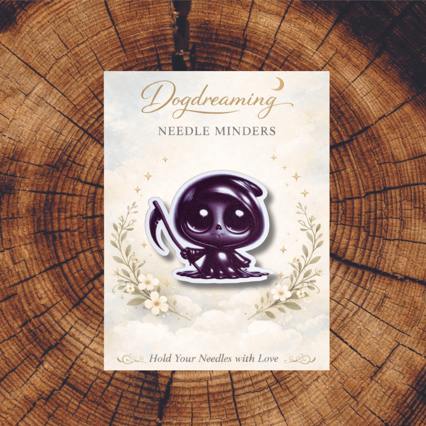 Kawaii little reaper needle minder accessory for stitchers and embroiderers