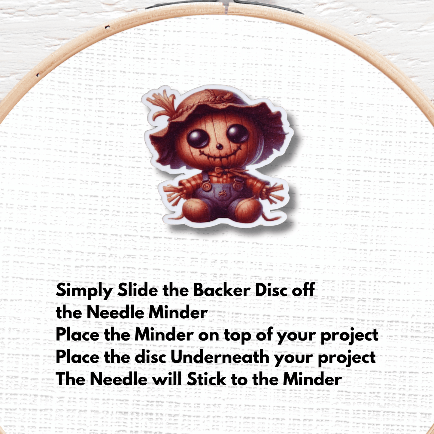 Cute little scarecrow needle minder magnet for sewing and quilting projects