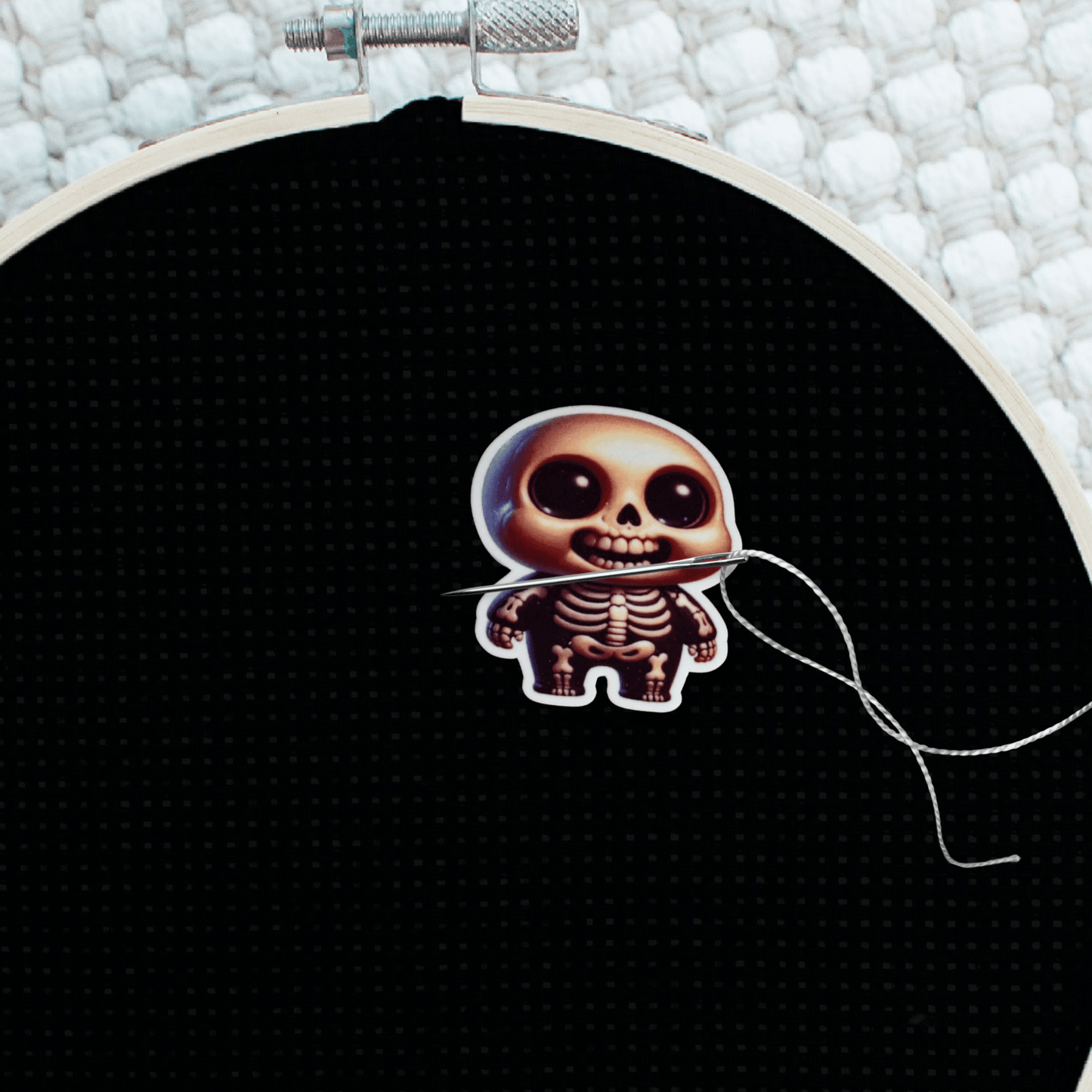 Decorative spooky little skeleton magnet for cross stitch supplies
