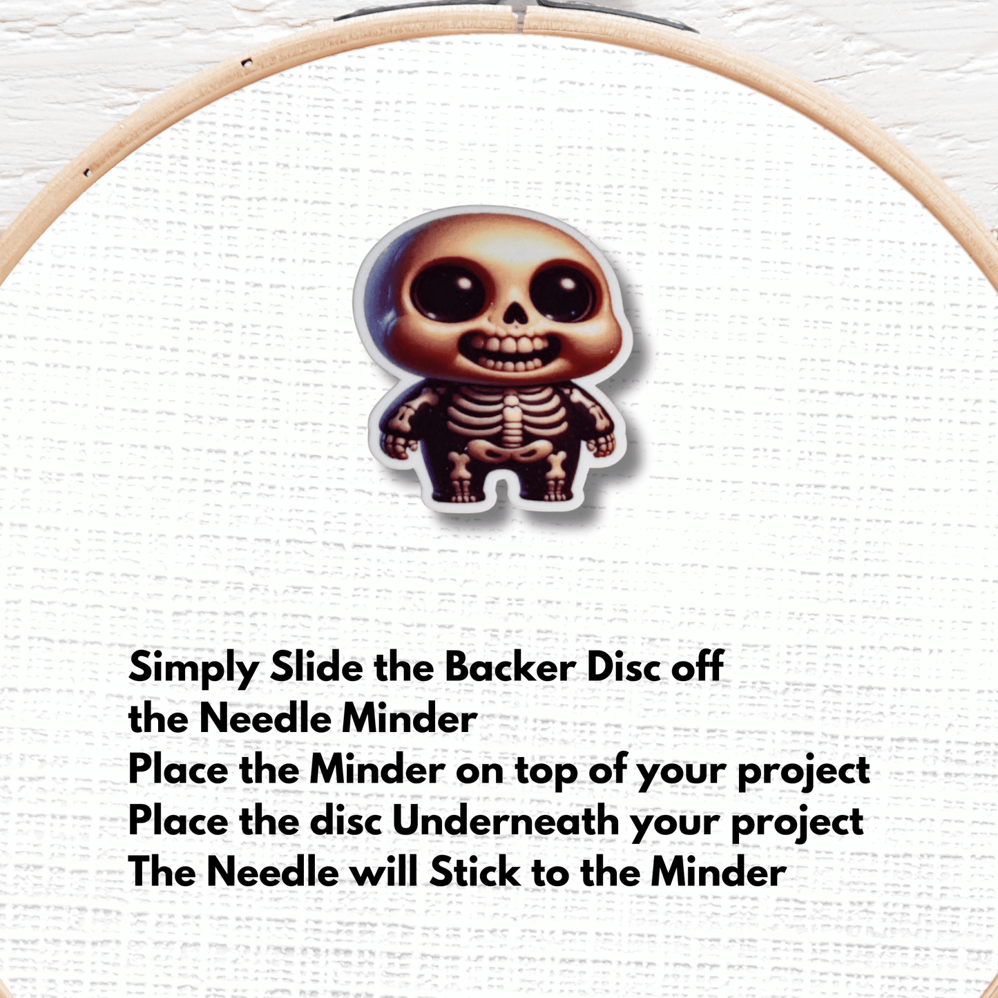 Cute little skeleton needle minder magnet for sewing and quilting projects