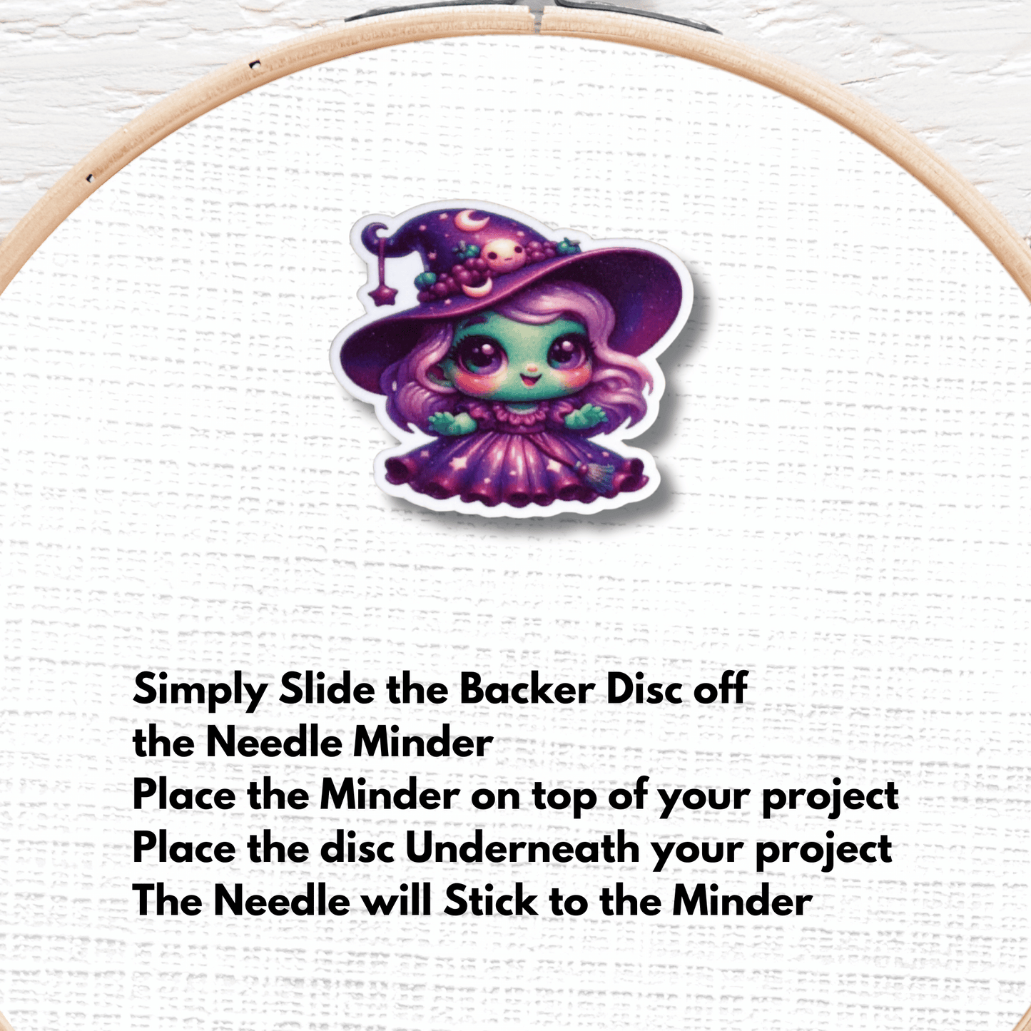 Cute little witch needle minder magnet for sewing and quilting projects