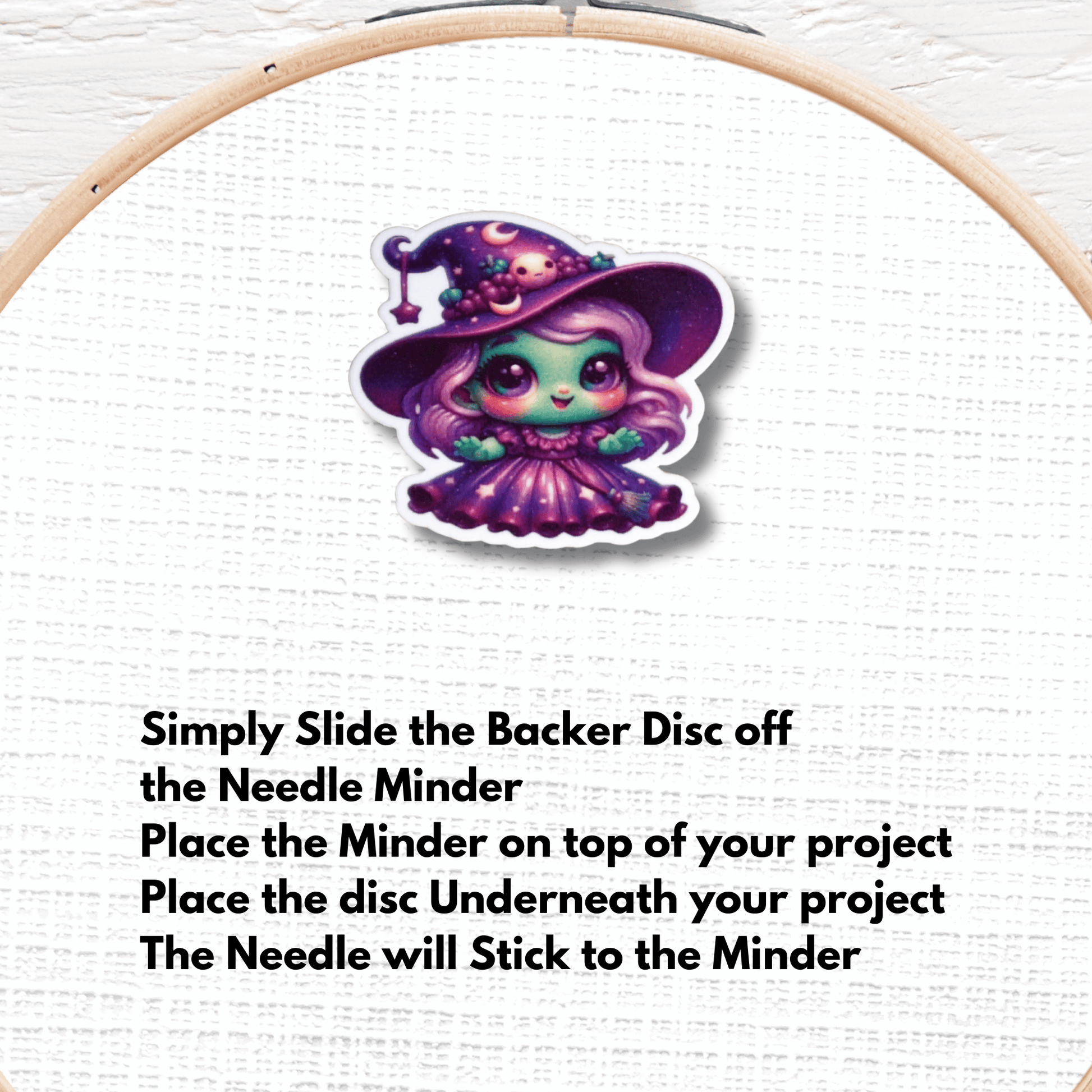 Cute little witch needle minder magnet for sewing and quilting projects