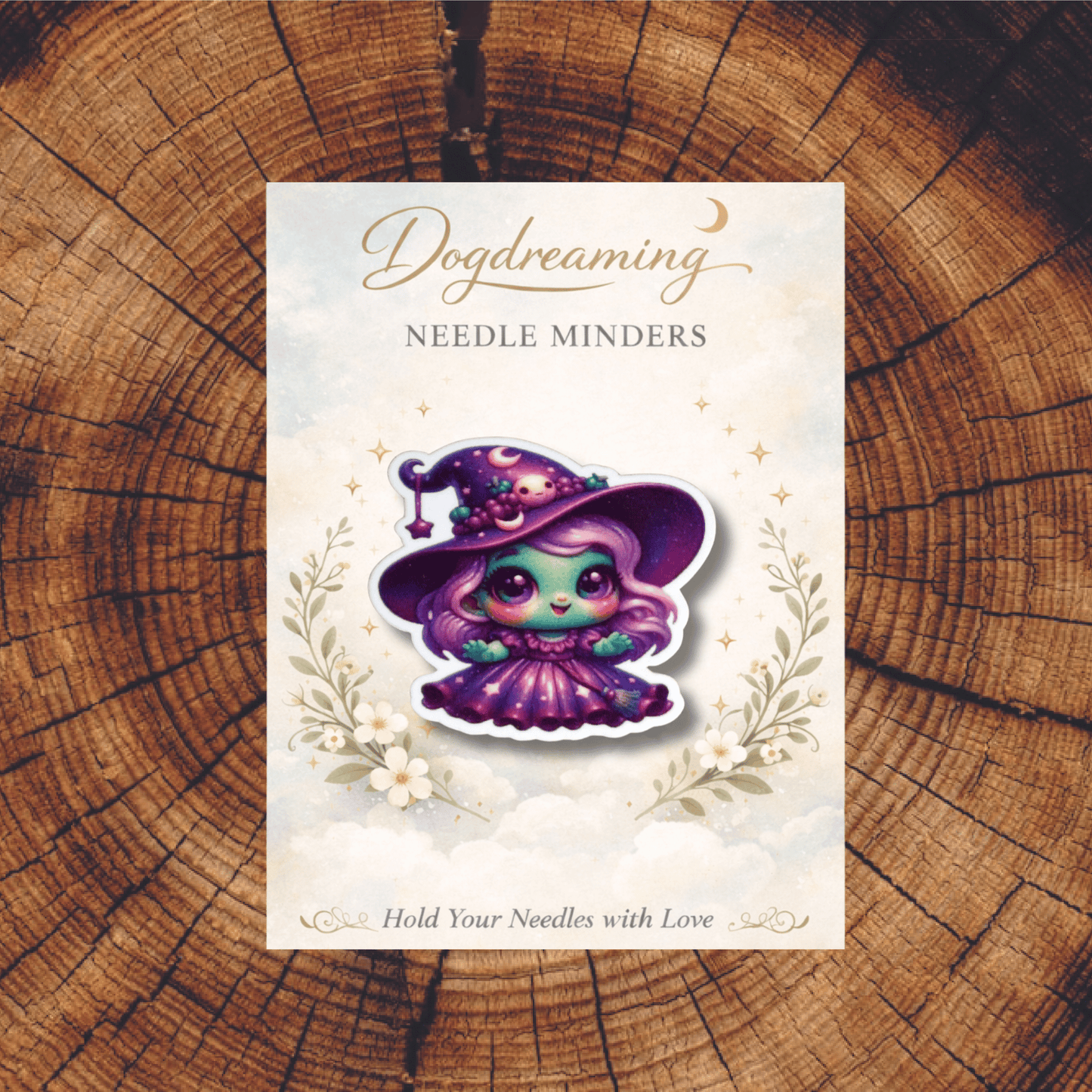 Kawaii little witch needle minder accessory for stitchers and embroiderers