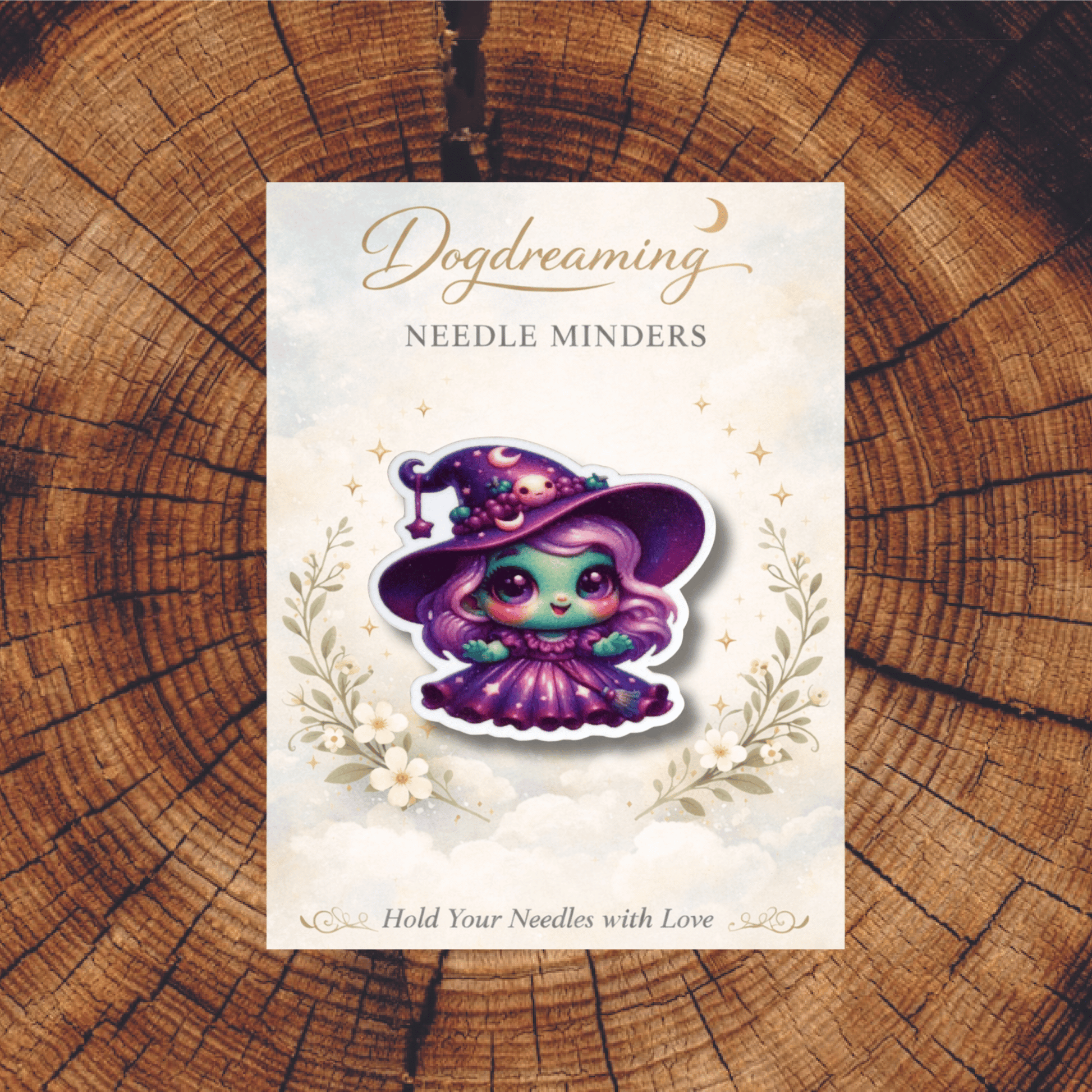Kawaii little witch needle minder accessory for stitchers and embroiderers