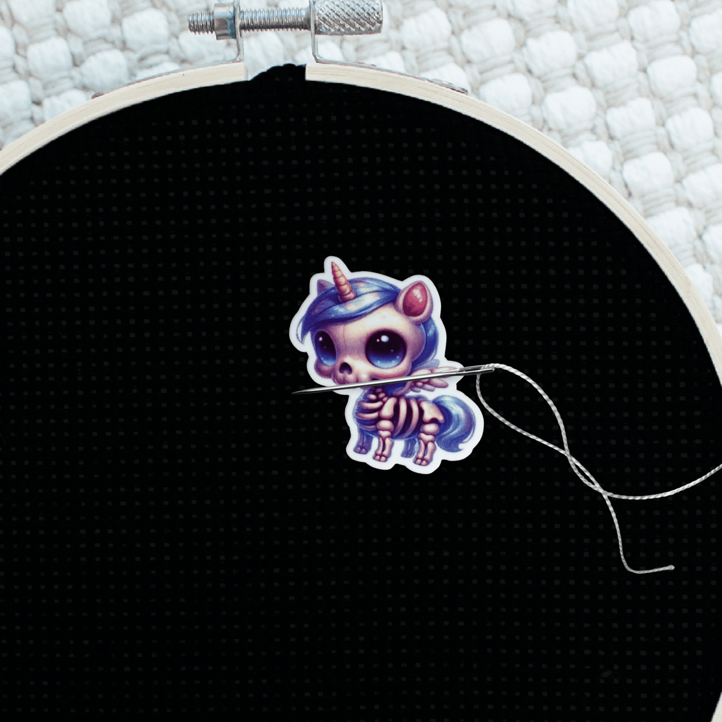 Decorative skeleton unicorn cross stitch needle minder magnet