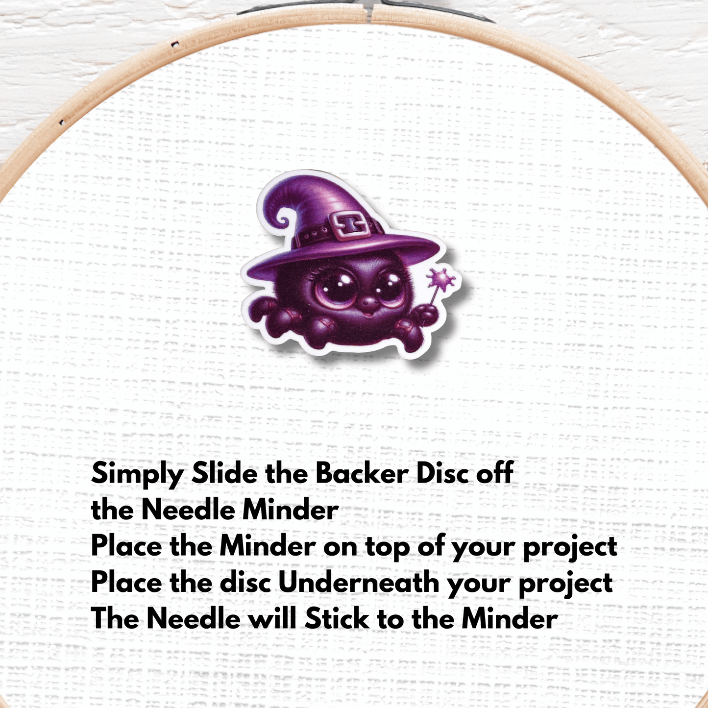 Cute witch spider needle minder magnet for sewing and quilting projects