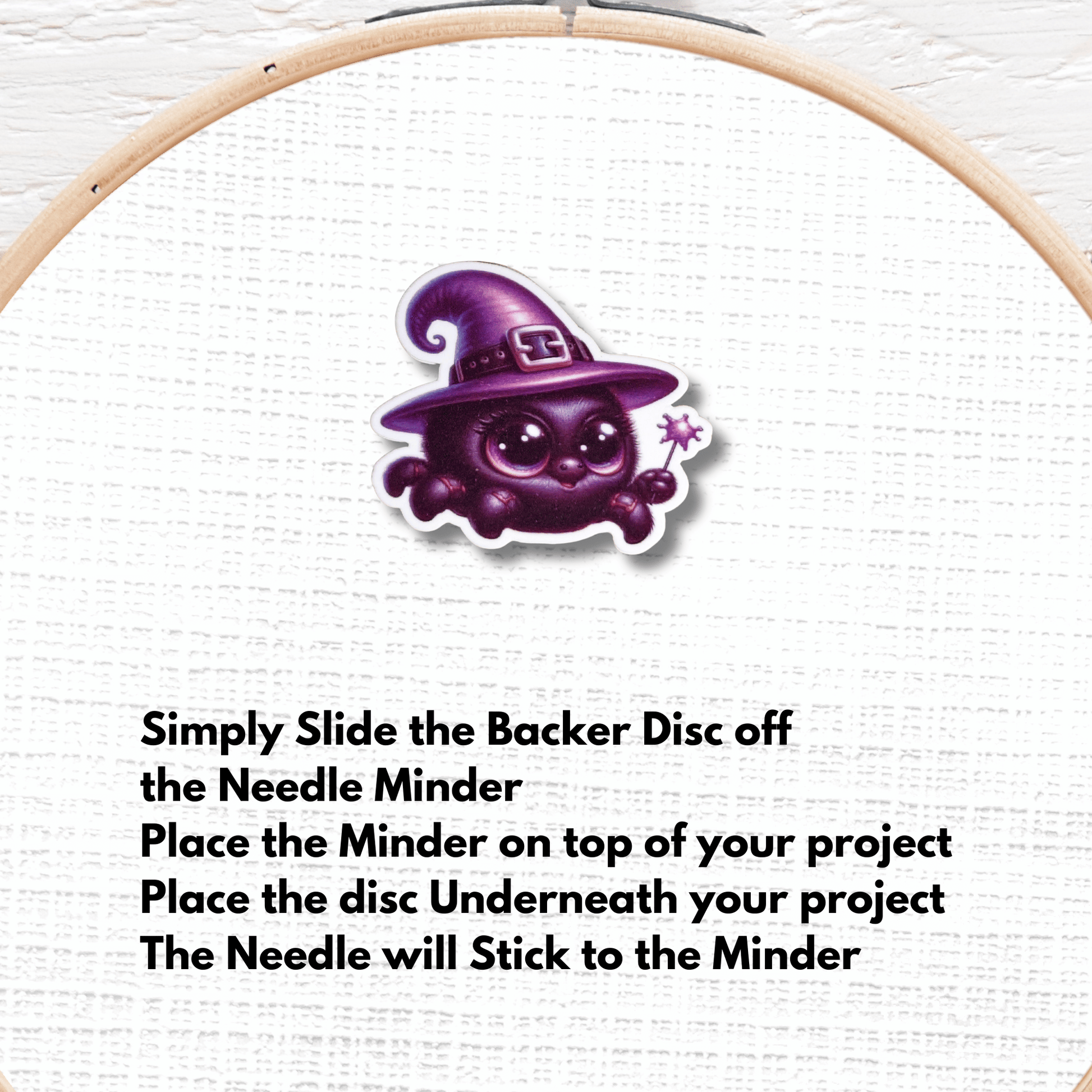 Cute witch spider needle minder magnet for sewing and quilting projects