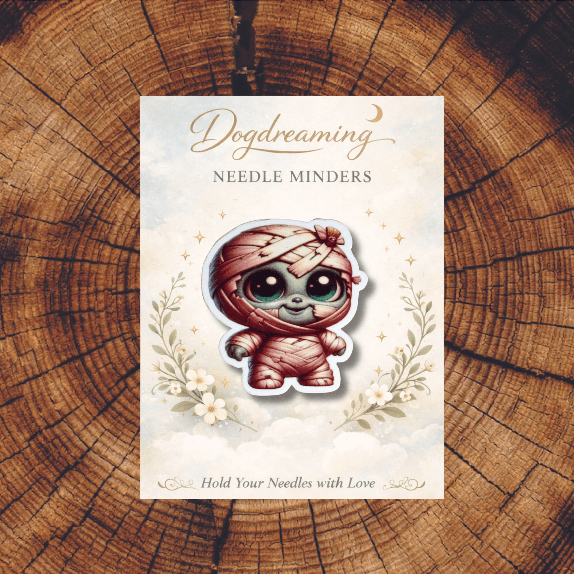 Kawaii zombie mummy needle minder accessory for stitchers and embroiderers