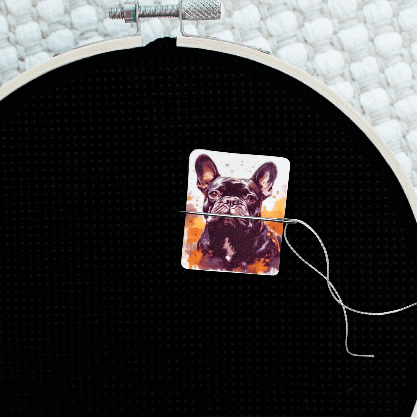 Decorative black French bulldog cross stitch needle minder magnet
