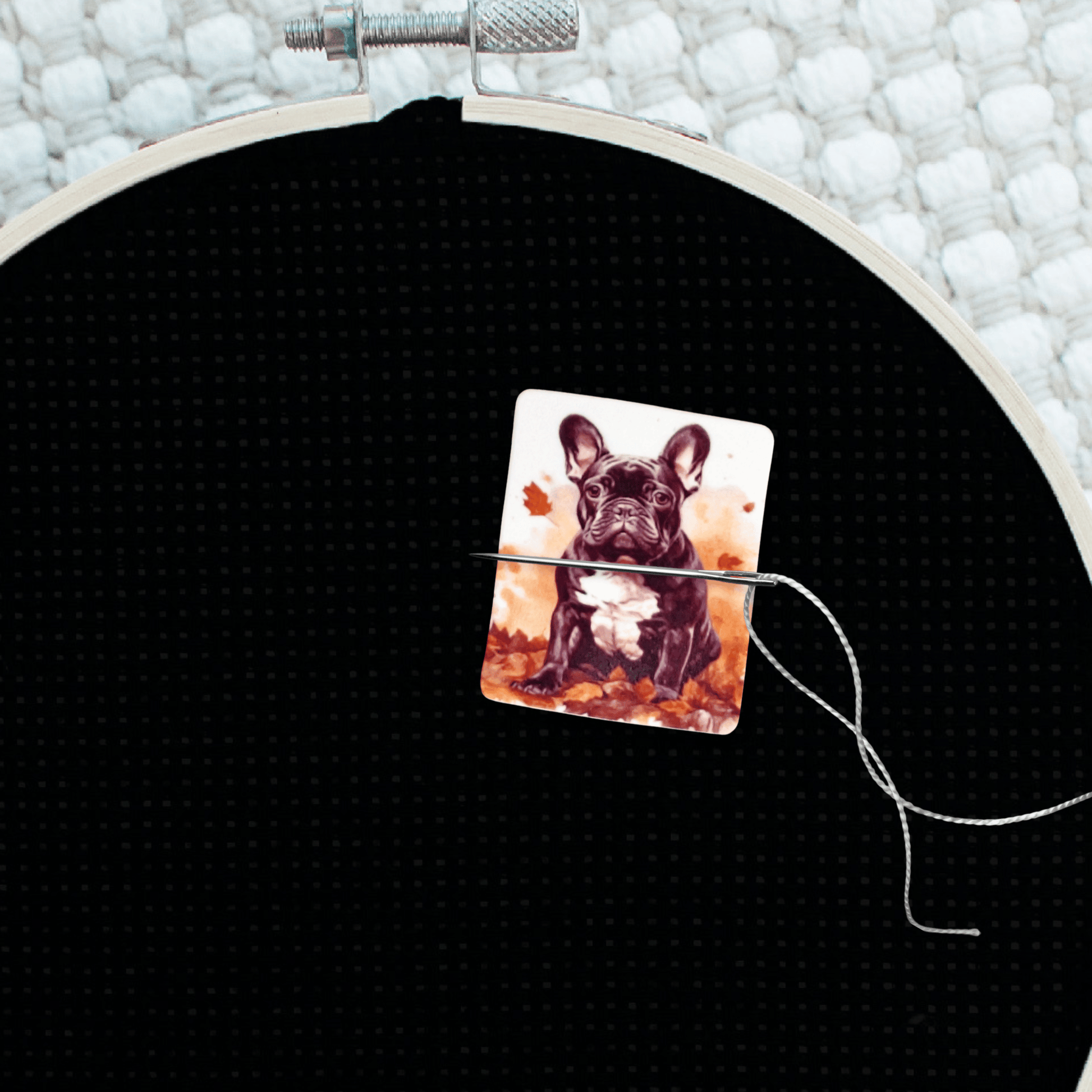 Decorative black French bulldog puppy cross stitch needle minder magnet