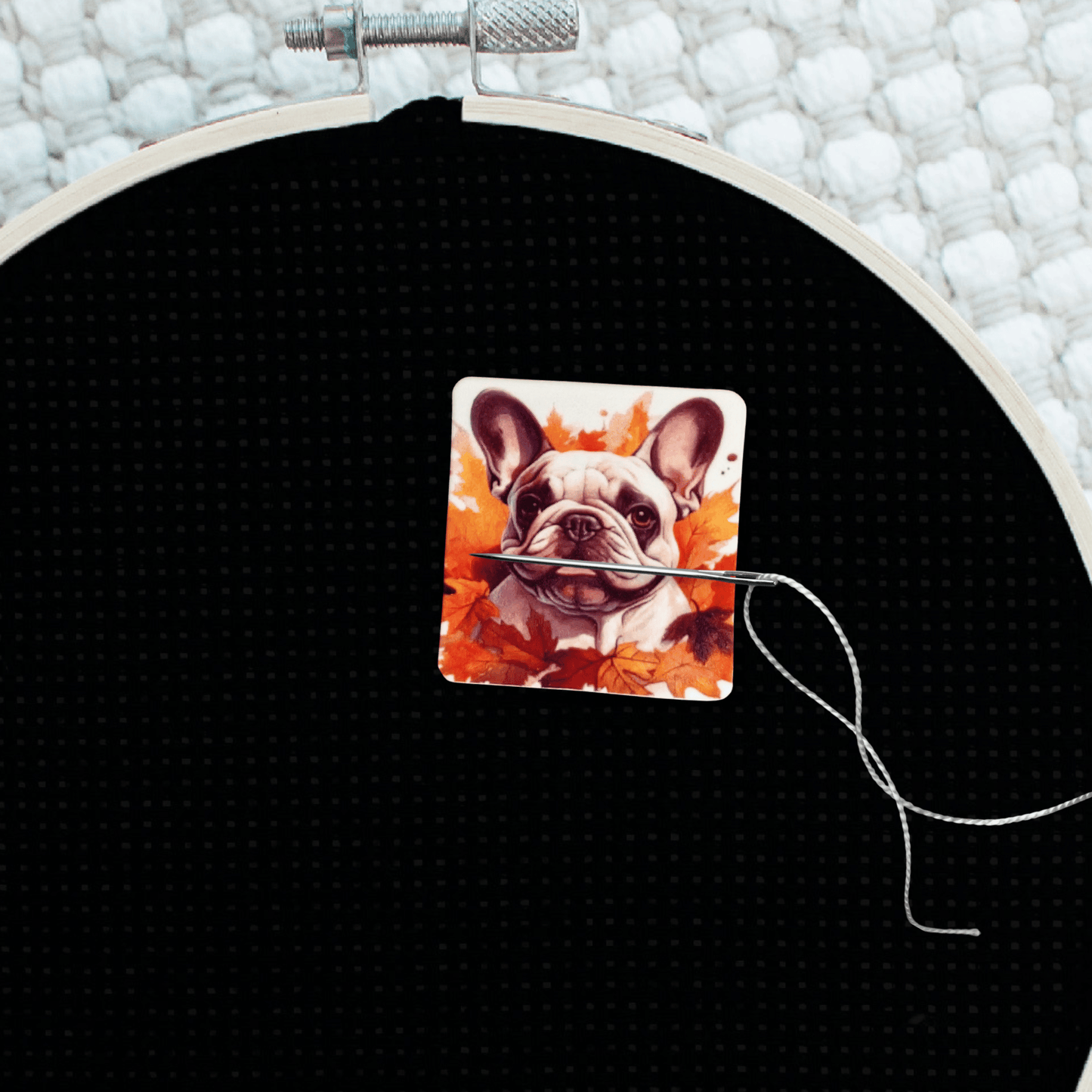 Decorative cream French bulldog cross stitch needle minder magnet