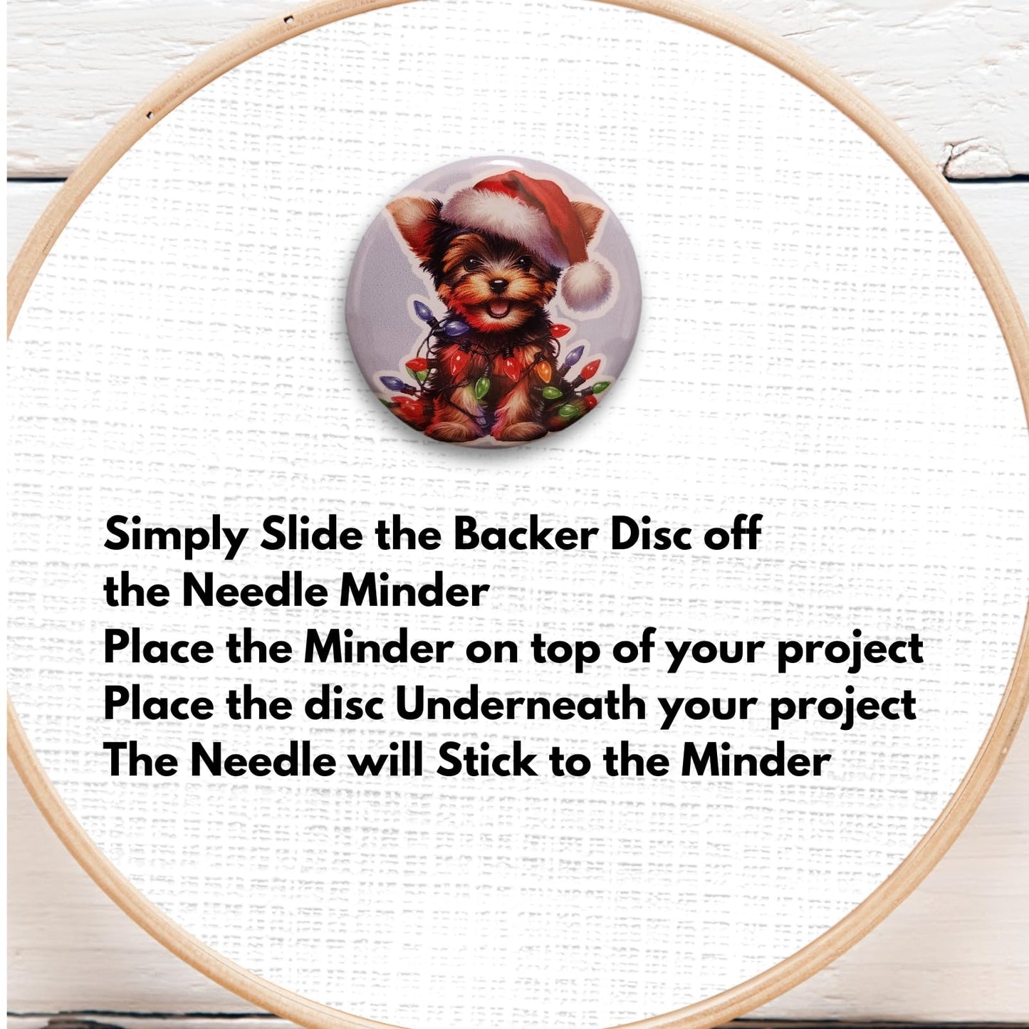 Cute Yorkie puppy embroidery accessory in a Santa hat surrounded by glowing holiday string lights