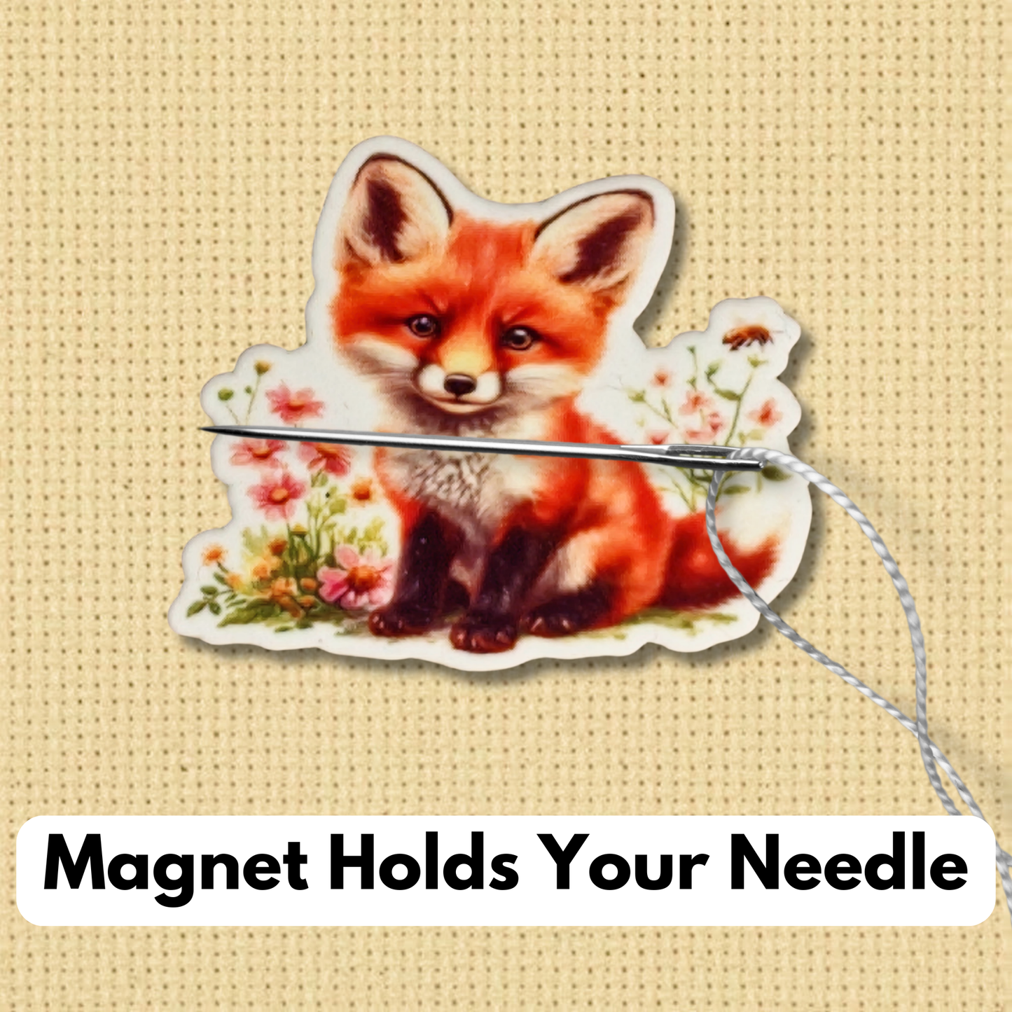 Floral Fox magnetic needle minder for cross stitch and embroidery