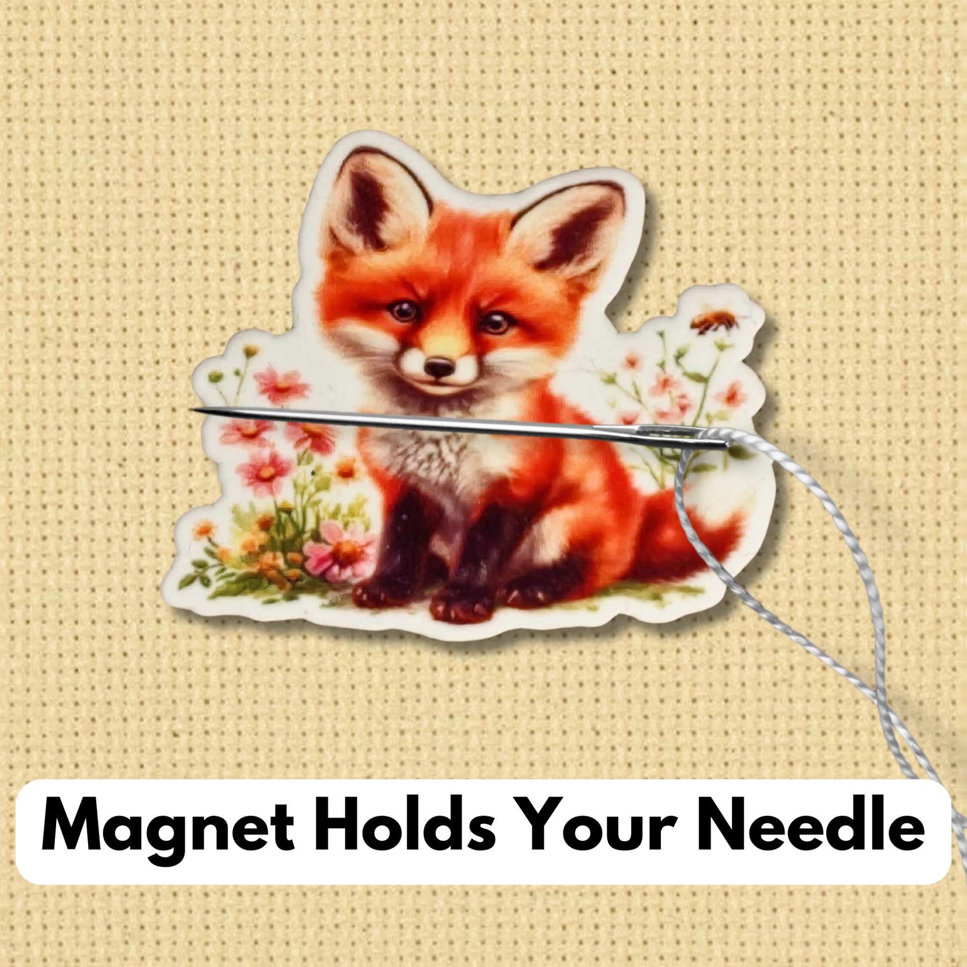 Floral Fox magnetic needle minder for cross stitch and embroidery