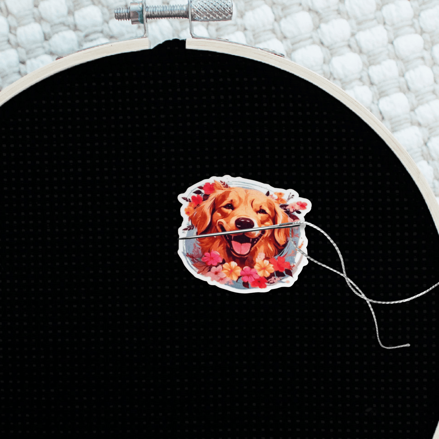 Golden Retriever needle holder for cross stitch with bright flower design