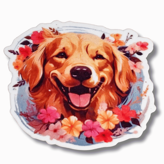 Floral Golden Retriever magnetic needle minder for cross stitch with colorful flower portrait design