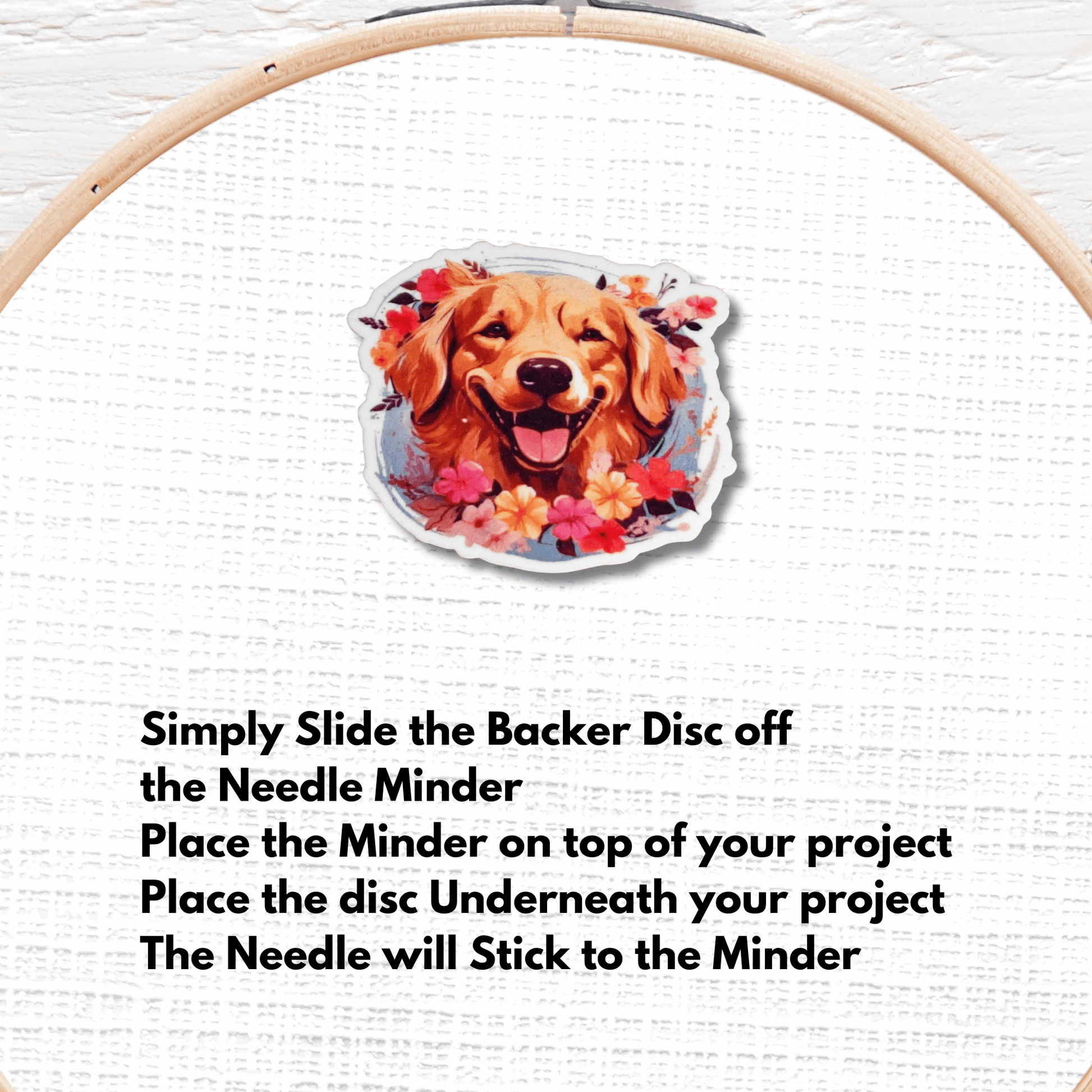 Golden Retriever needle minder with colorful flowers for sewing projects