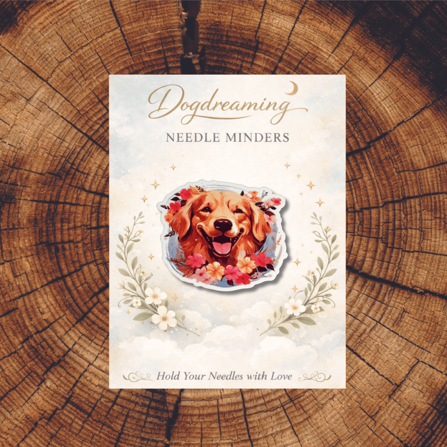 Cute floral Golden Retriever magnetic needle minder for stitchers and dog lovers