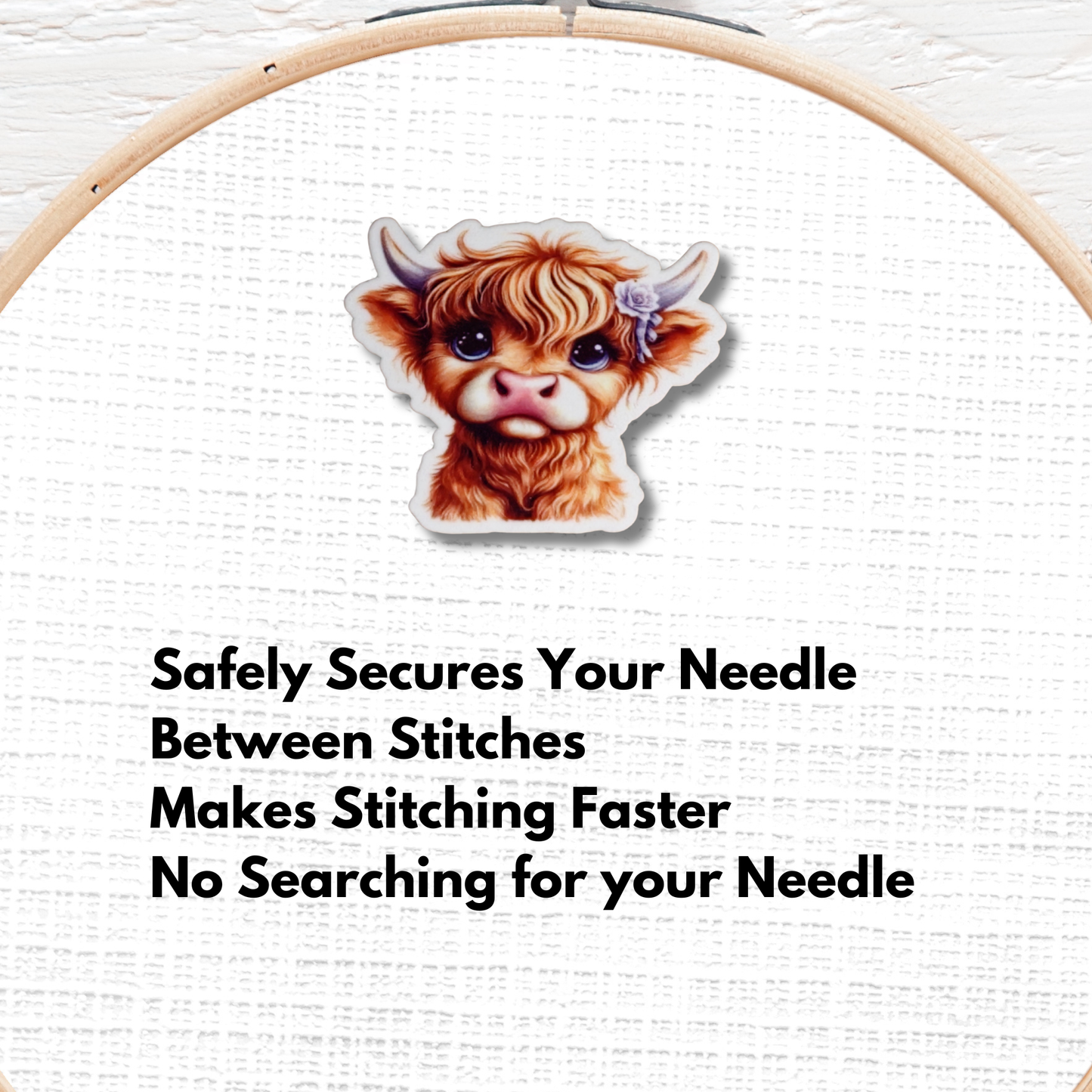 cute highland cow with purple flower magnetic needle minder embroidery accessory