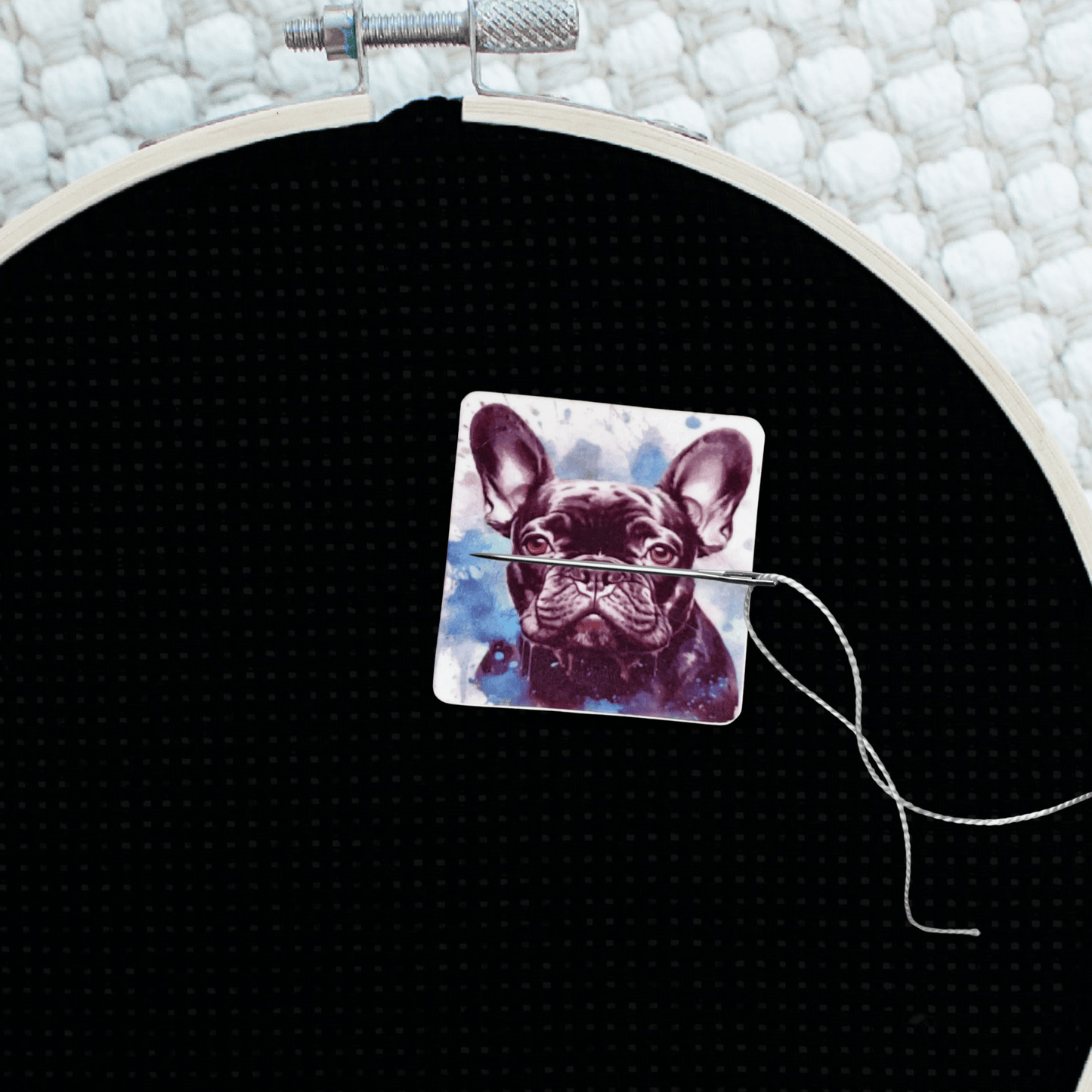 Decorative French bulldog cross stitch needle minder magnet