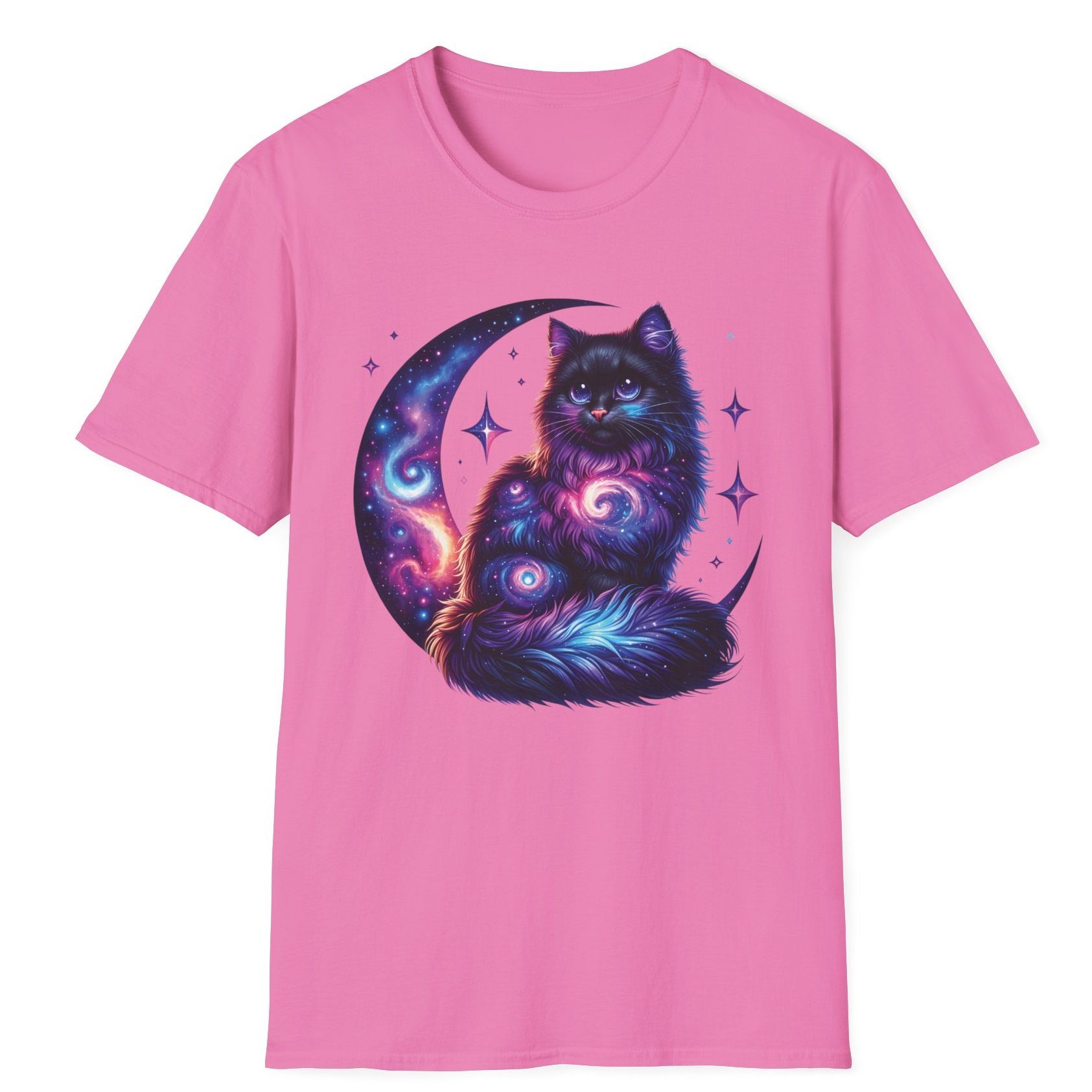 Galaxy Cat on Crescent Moon T-Shirt – Cosmic Feline Graphic Tee for Cat & Space Lovers