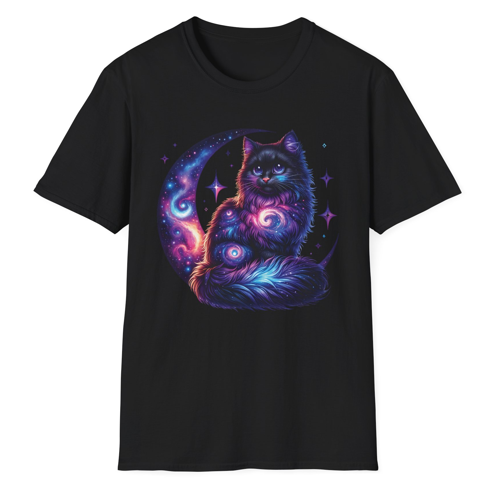 Galaxy Cat on Crescent Moon T-Shirt – Cosmic Feline Graphic Tee for Cat & Space Lovers