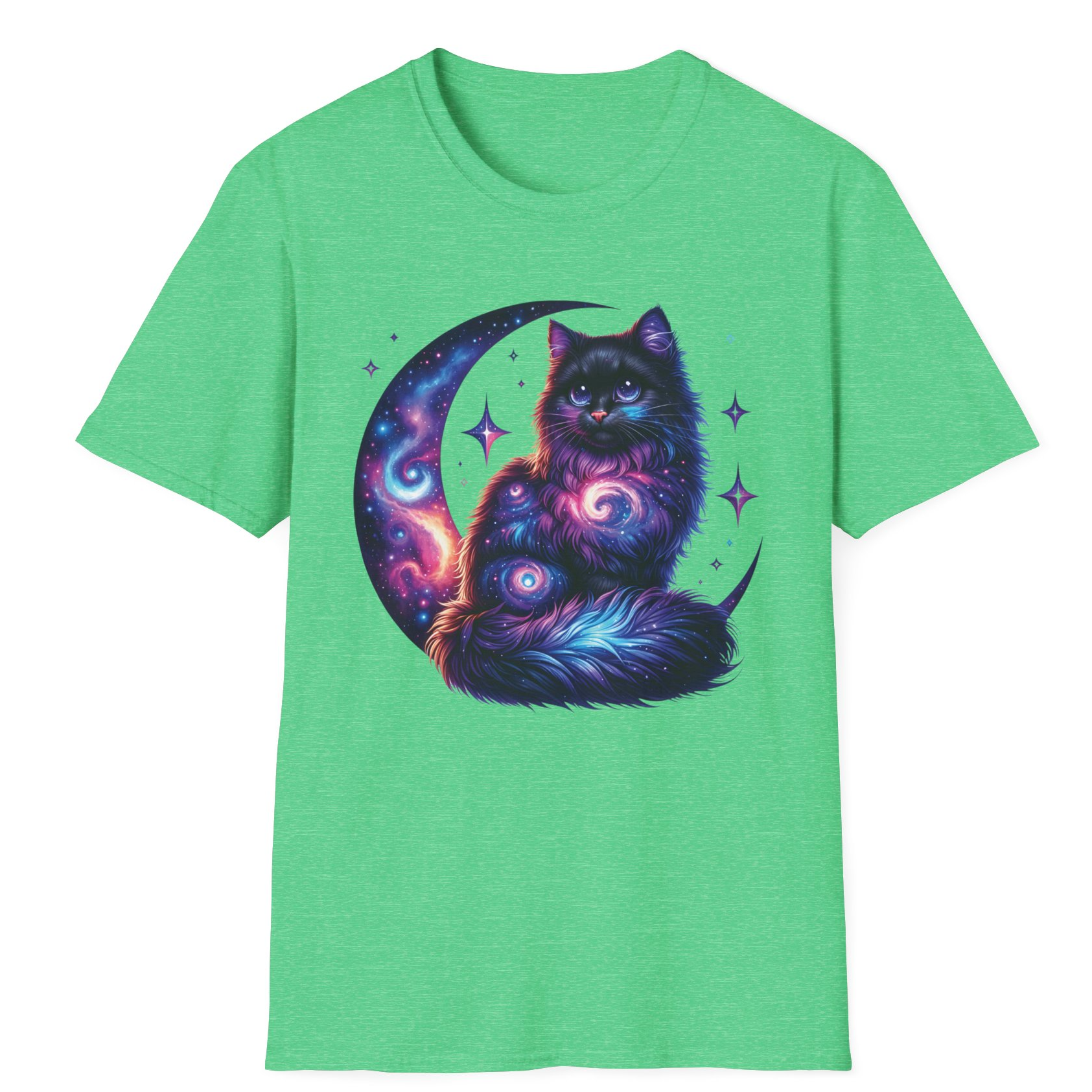 Galaxy Cat on Crescent Moon T-Shirt – Cosmic Feline Graphic Tee for Cat & Space Lovers