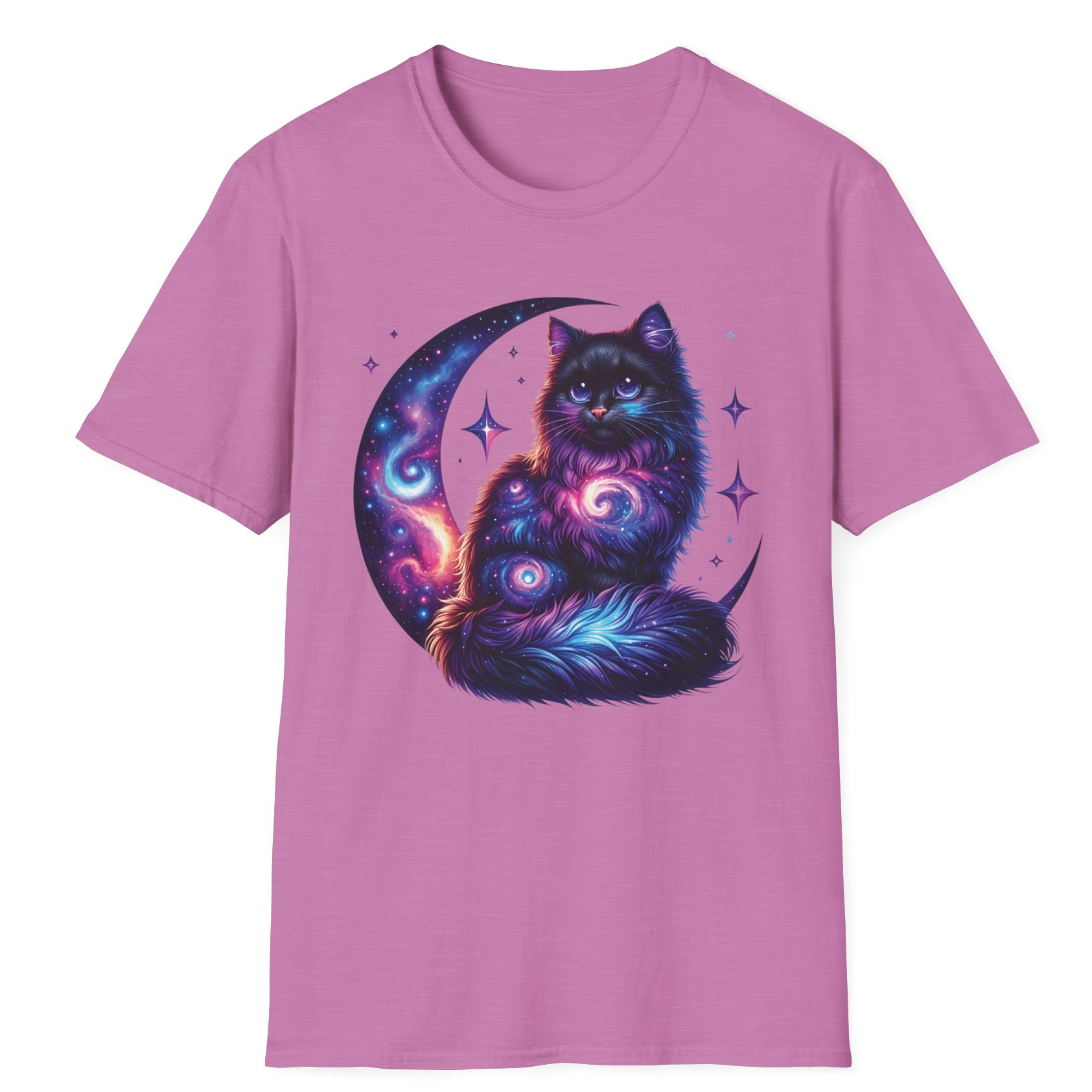 Galaxy Cat on Crescent Moon T-Shirt – Cosmic Feline Graphic Tee for Cat & Space Lovers