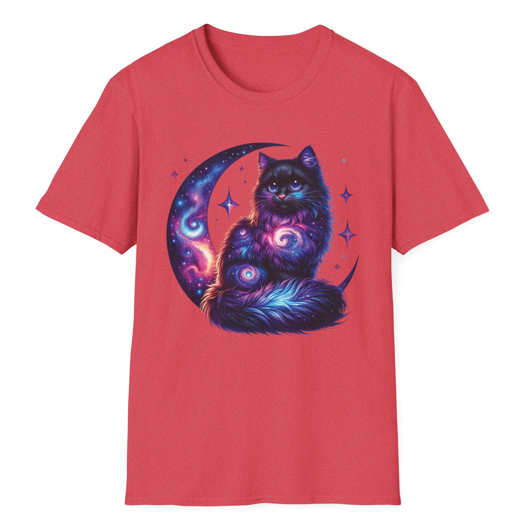 Galaxy Cat on Crescent Moon T-Shirt – Cosmic Feline Graphic Tee for Cat & Space Lovers