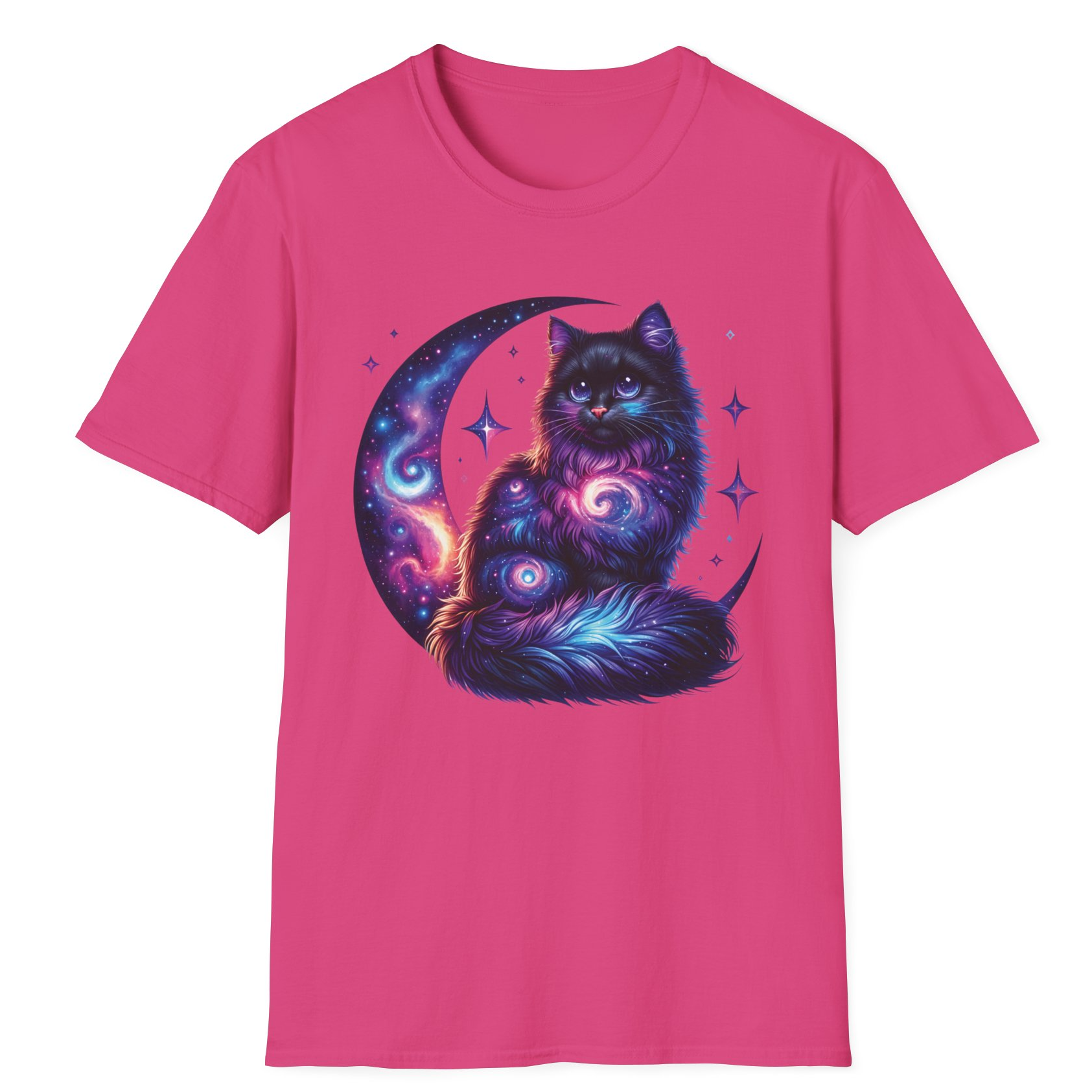 Galaxy Cat on Crescent Moon T-Shirt – Cosmic Feline Graphic Tee for Cat & Space Lovers