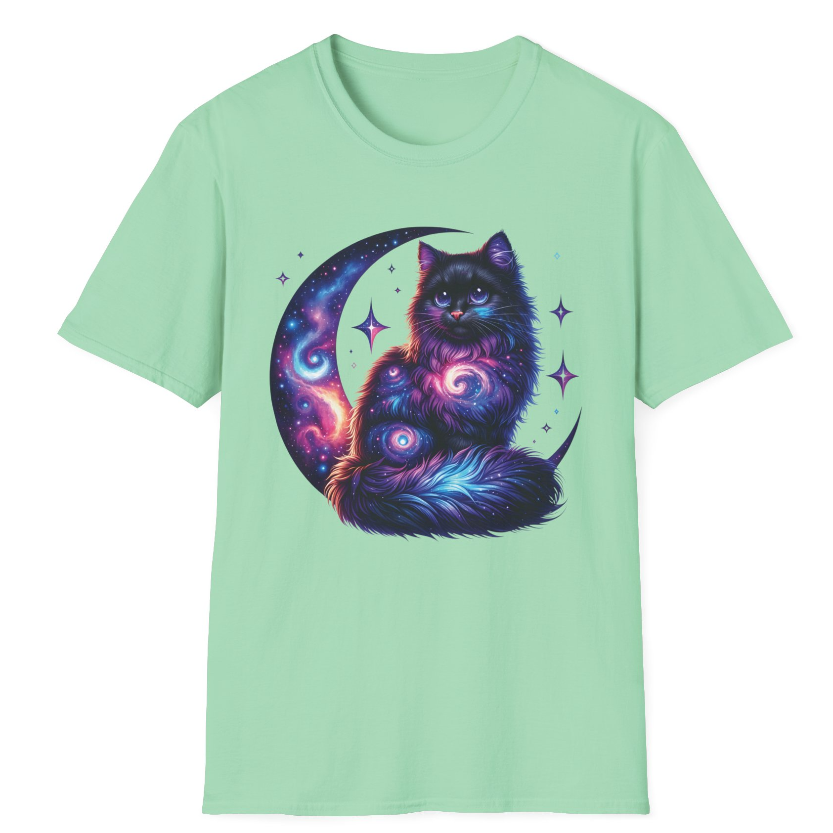 Galaxy Cat on Crescent Moon T-Shirt – Cosmic Feline Graphic Tee for Cat & Space Lovers