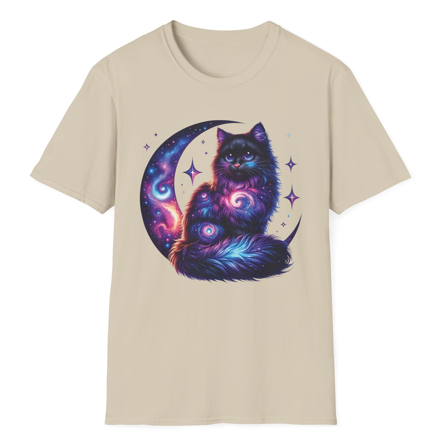 Galaxy Cat on Crescent Moon T-Shirt – Cosmic Feline Graphic Tee for Cat & Space Lovers