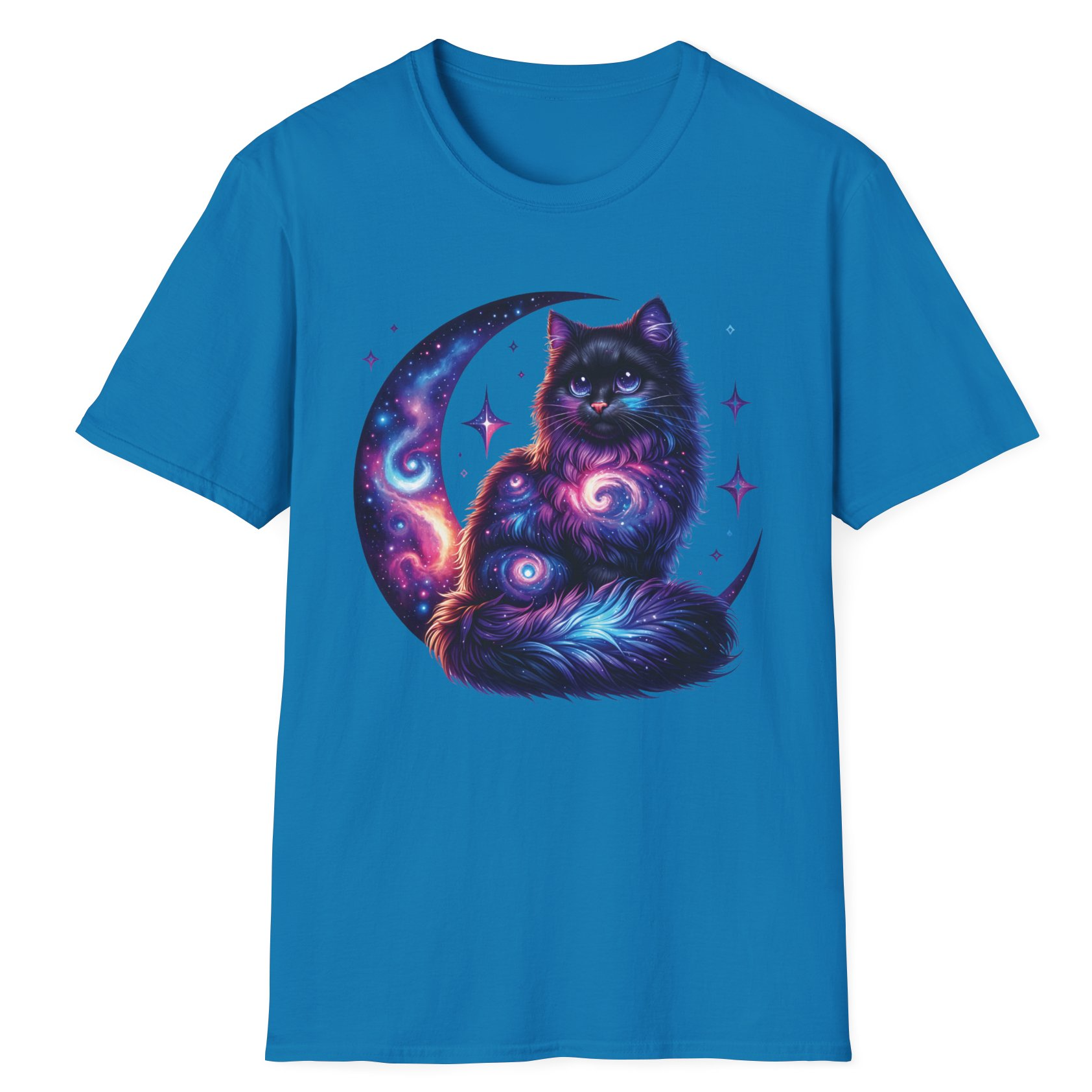 Galaxy Cat on Crescent Moon T-Shirt – Cosmic Feline Graphic Tee for Cat & Space Lovers