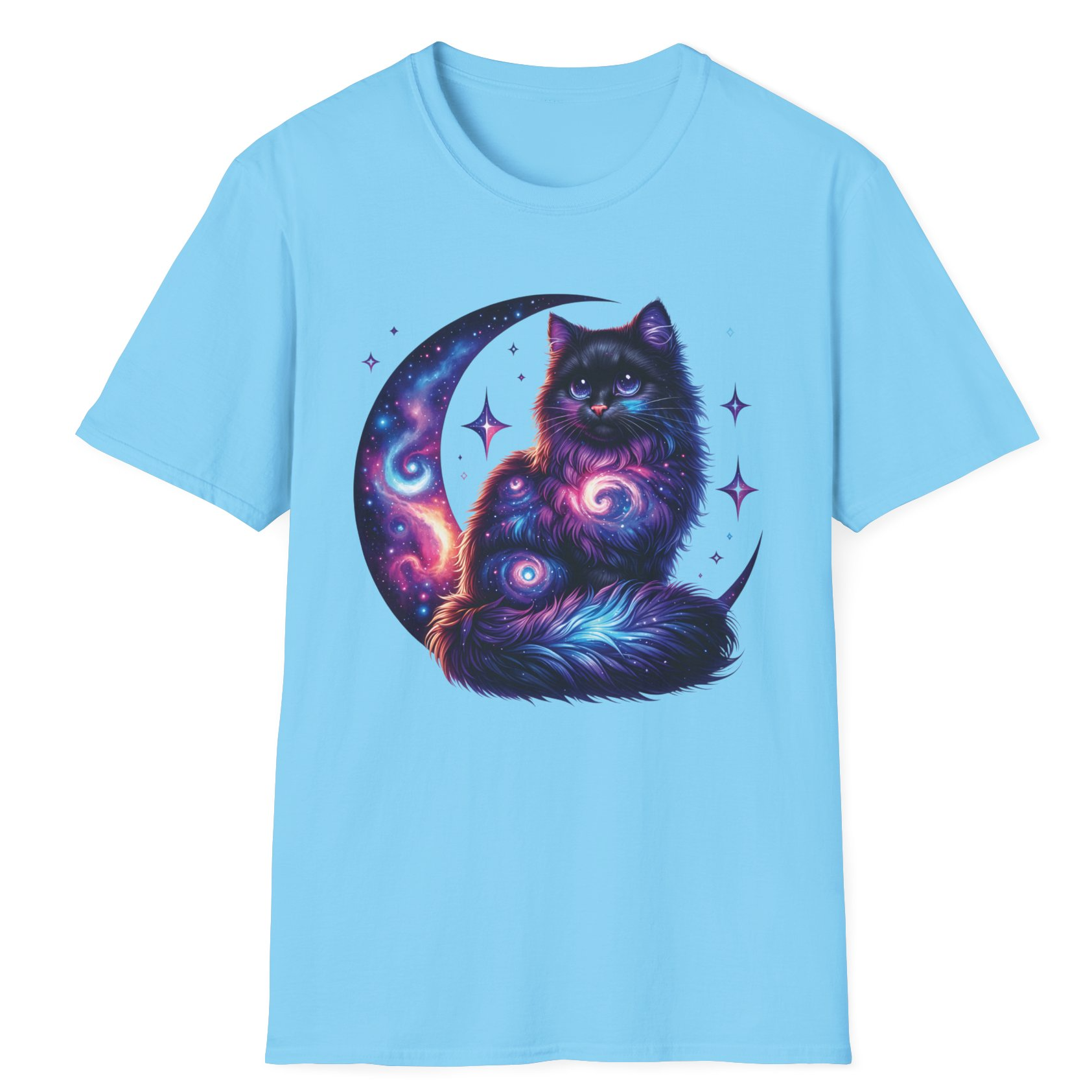 Galaxy Cat on Crescent Moon T-Shirt – Cosmic Feline Graphic Tee for Cat & Space Lovers