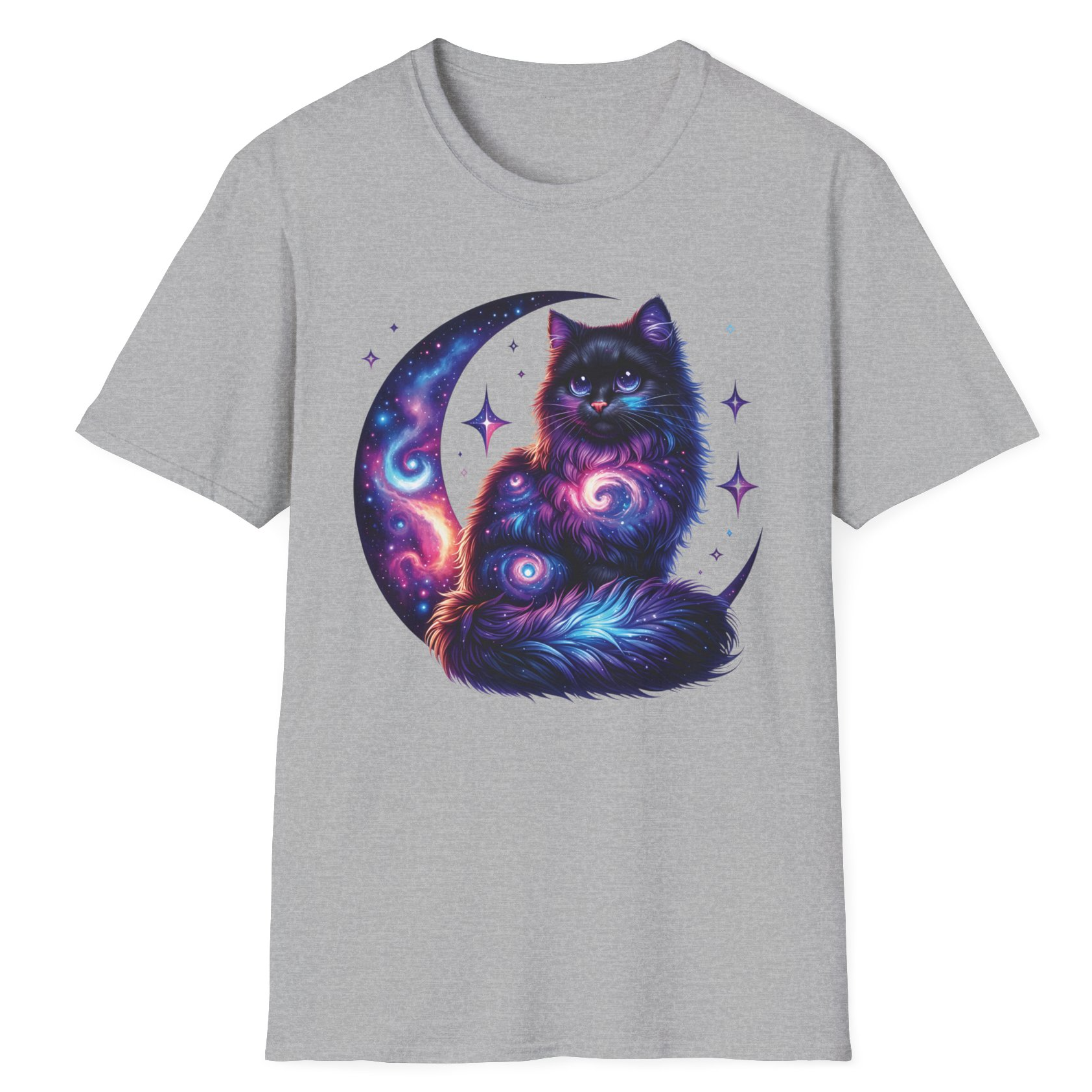 Galaxy Cat on Crescent Moon T-Shirt – Cosmic Feline Graphic Tee for Cat & Space Lovers