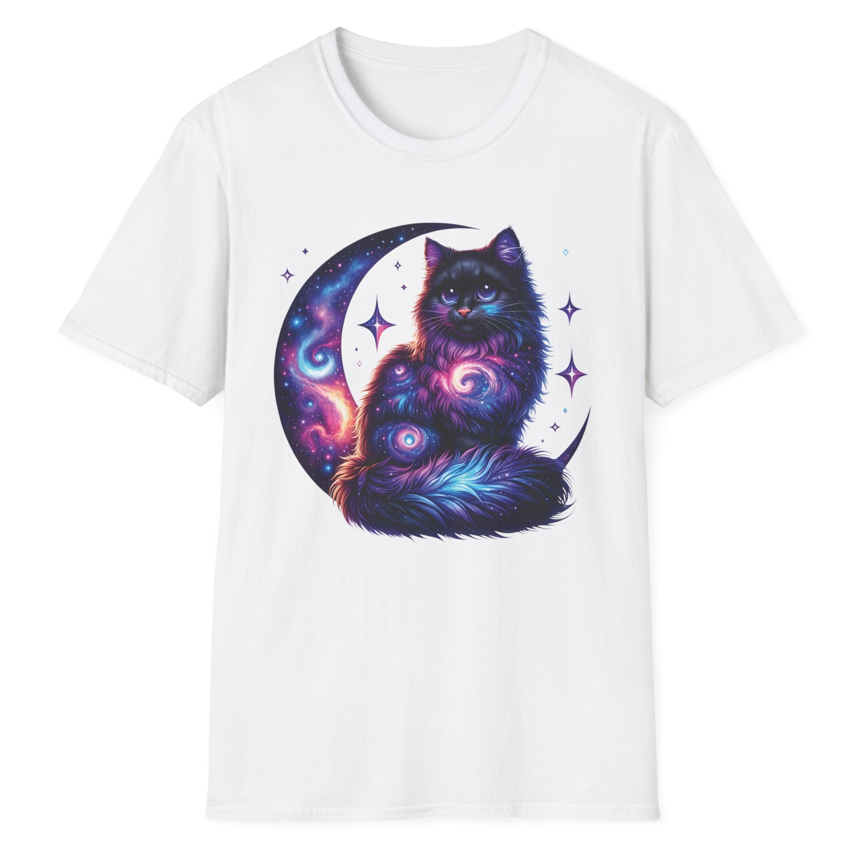 Galaxy Cat on Crescent Moon T-Shirt – Cosmic Feline Graphic Tee for Cat & Space Lovers