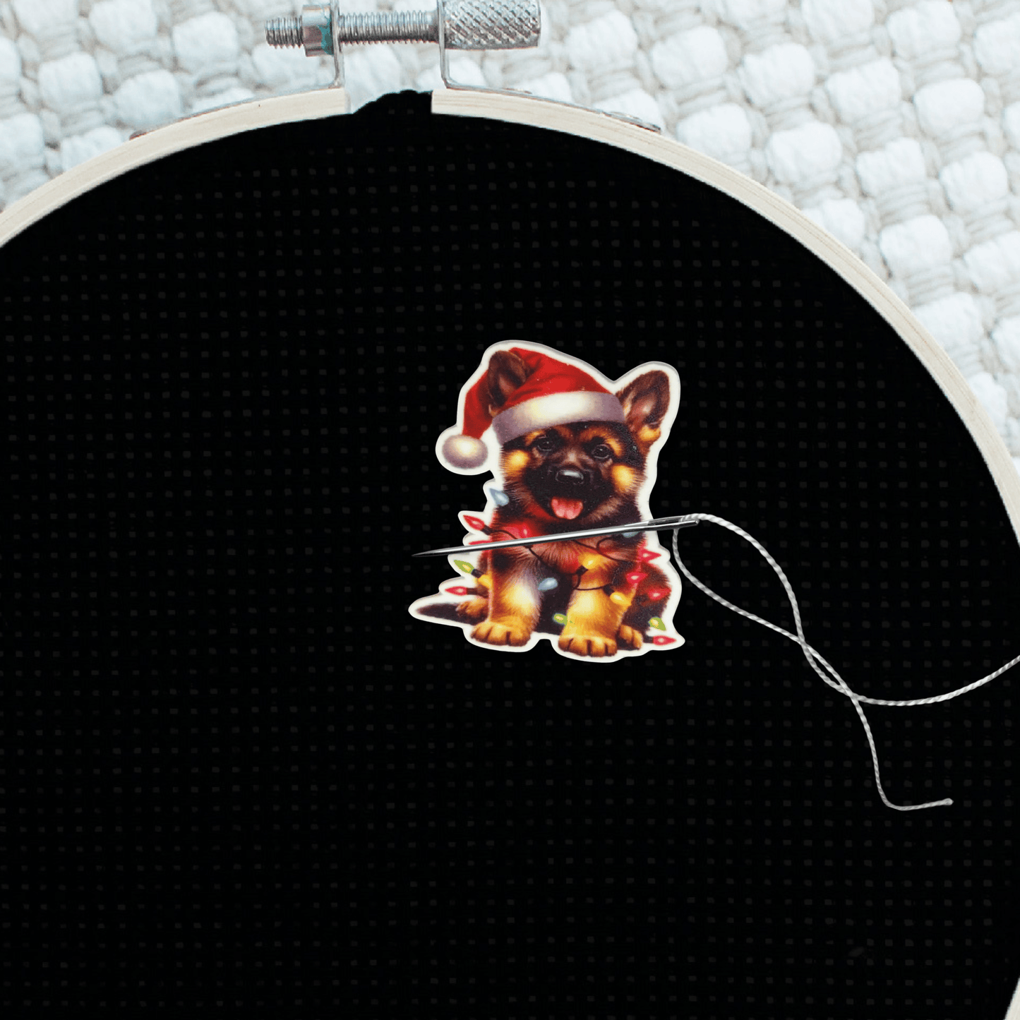German Shepherd Puppy with Santa Hat Needle Minder Magnet, Cute Christmas Dog Embroidery Accessory