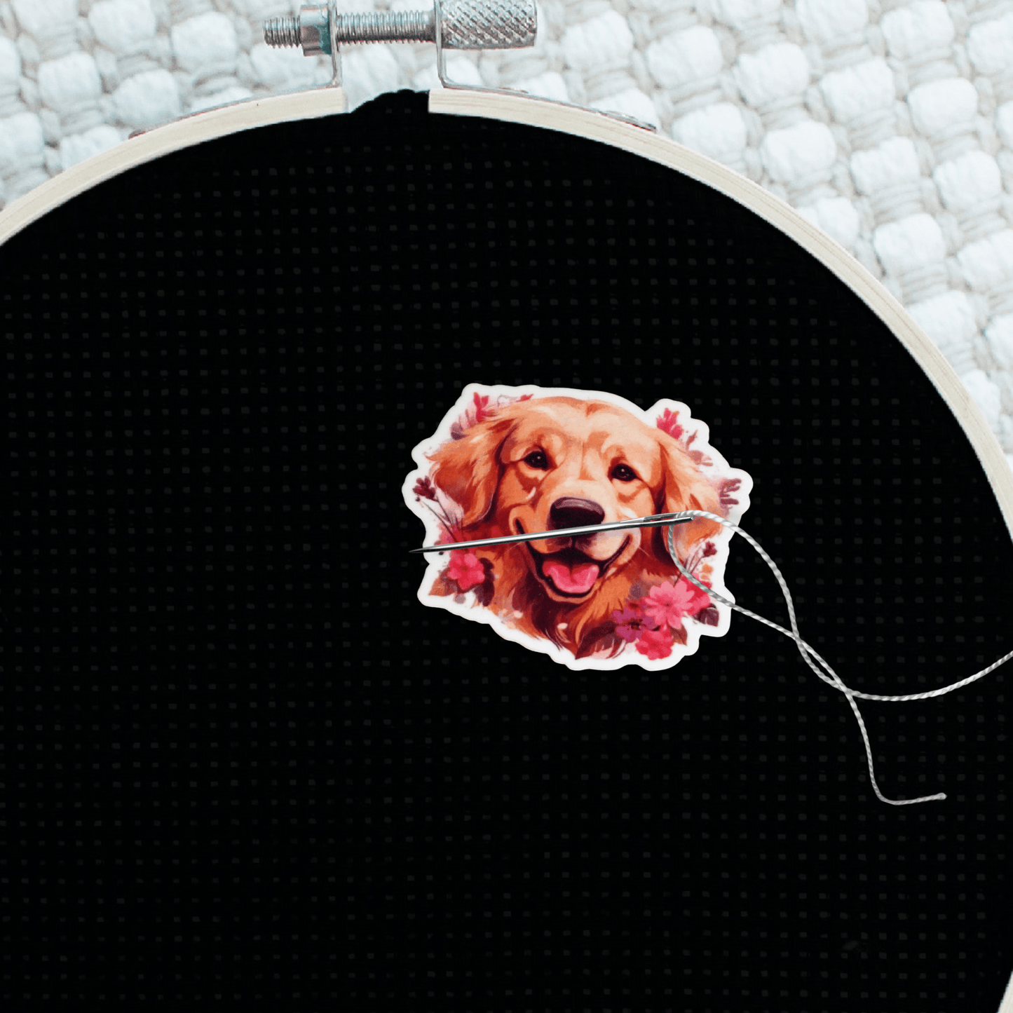 Golden Retriever needle holder for cross stitch with soft floral accents