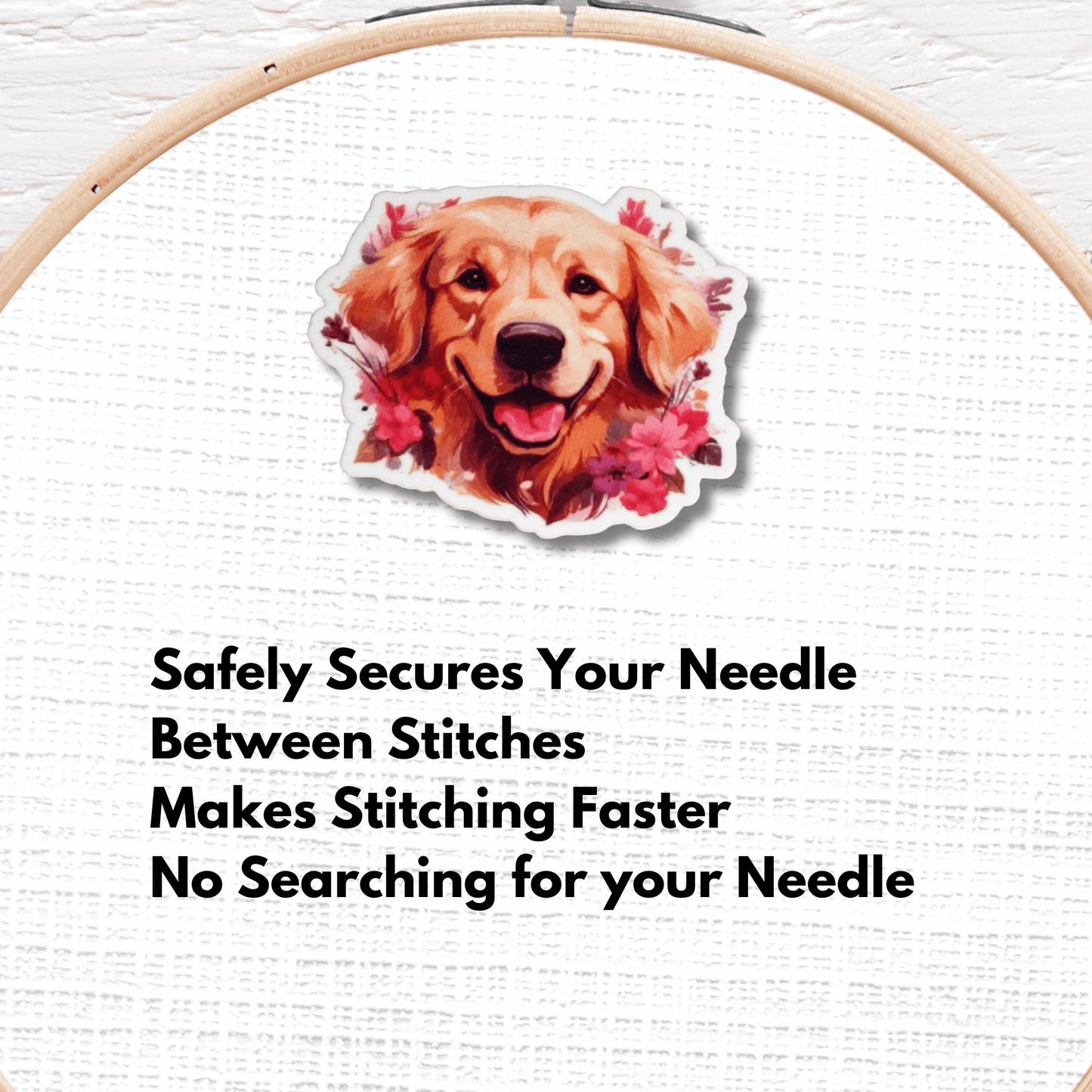 Golden Retriever magnetic needle minder for embroidery and cross stitch with pink flowers