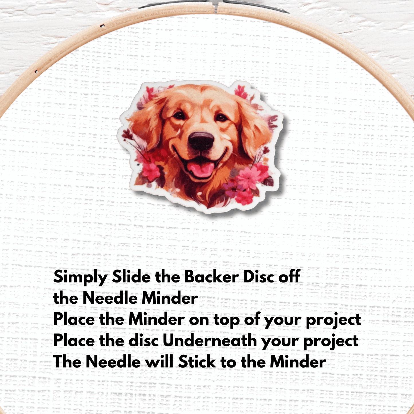 Floral Golden Retriever needle minder for sewing and needlepoint projects