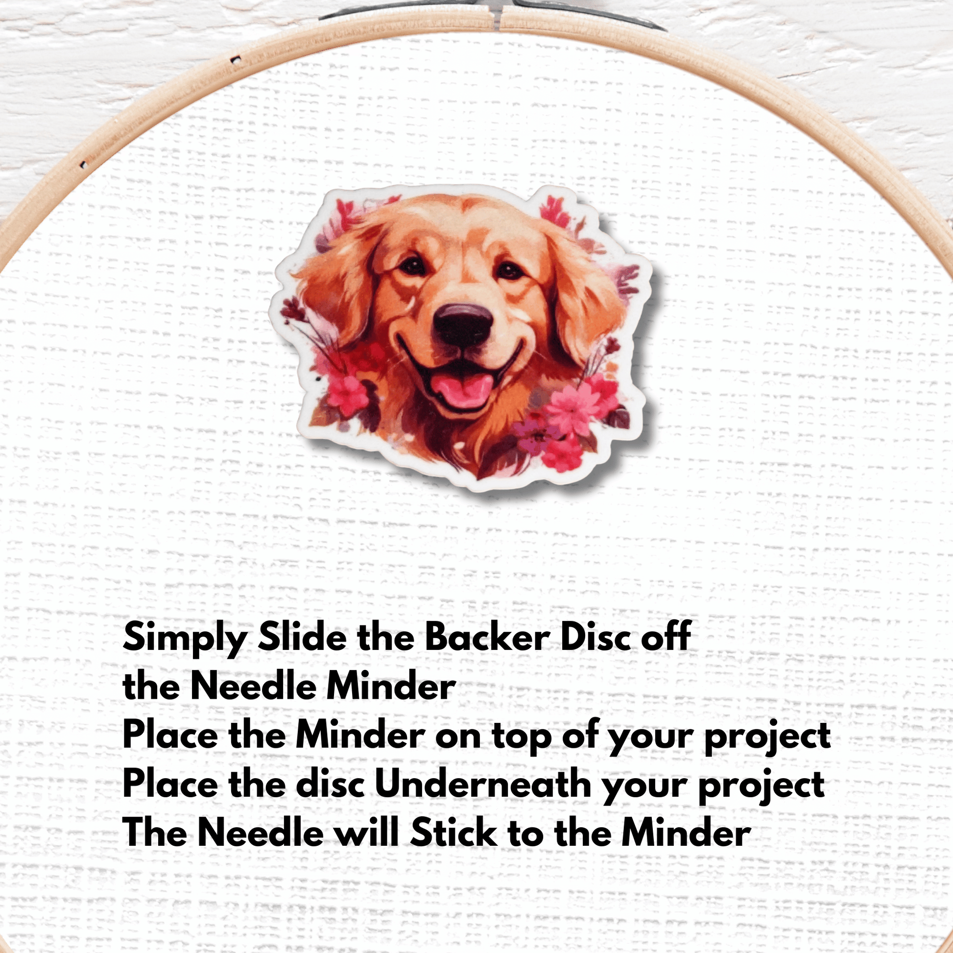 Floral Golden Retriever needle minder for sewing and needlepoint projects