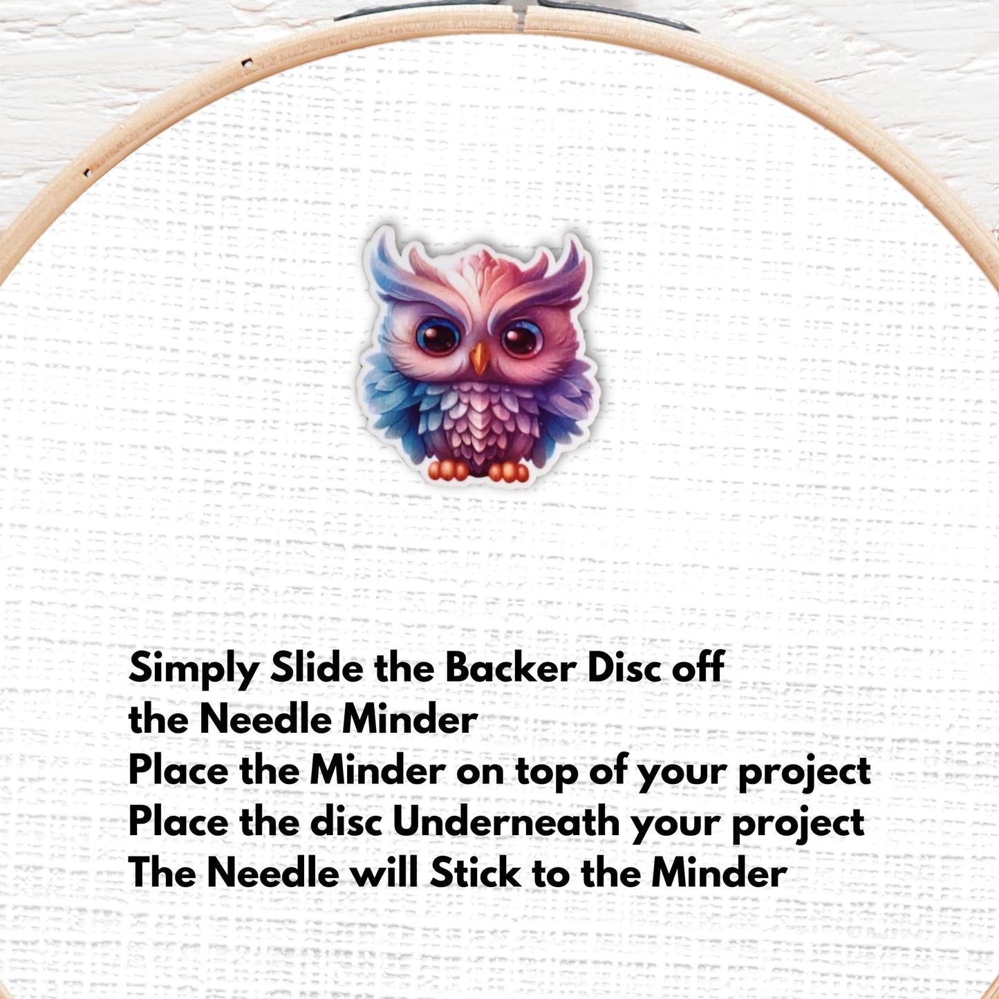 Whimsical colorful owl needle holder for embroidery and sewing projects
