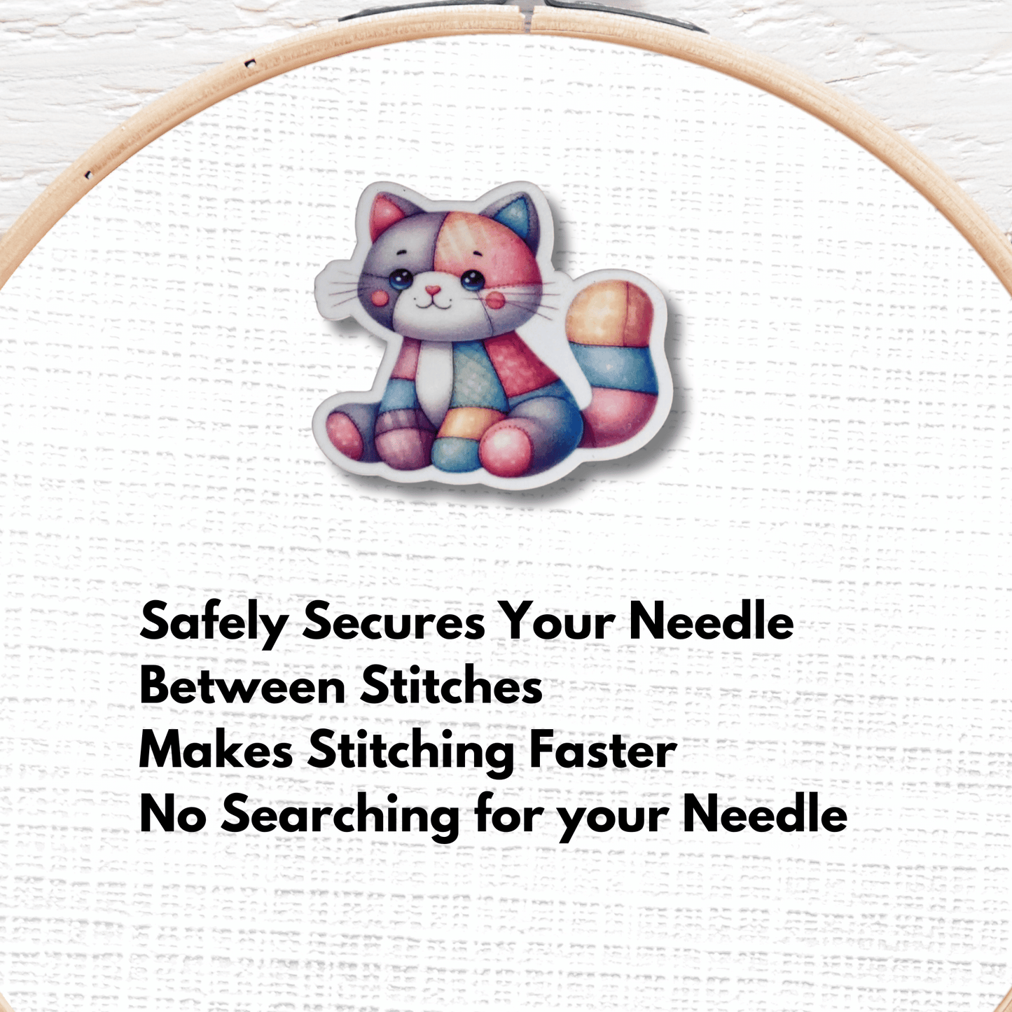 Cute patchwork cat needle minder magnet for embroidery and needlepoint
