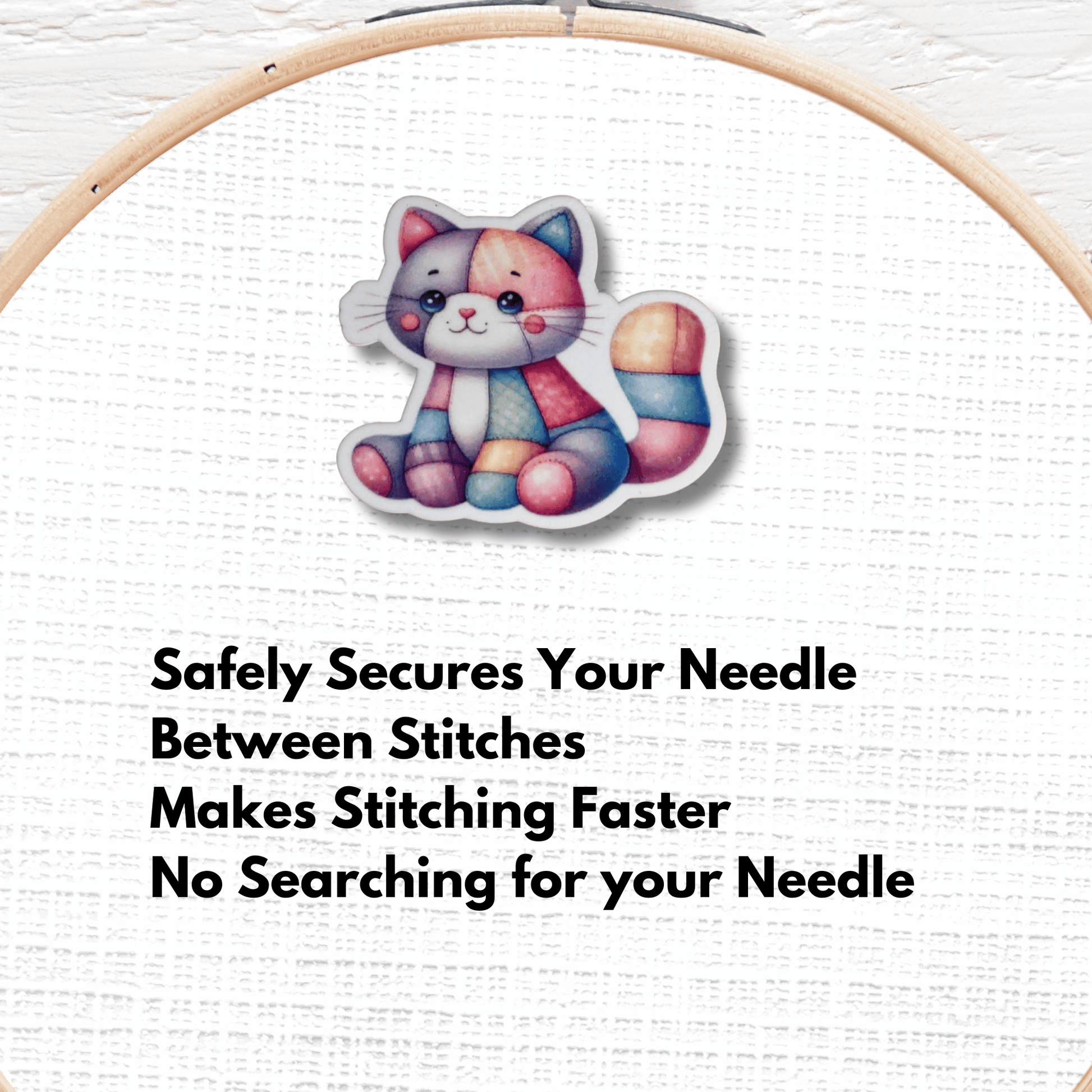 Cute patchwork cat needle minder magnet for embroidery and needlepoint