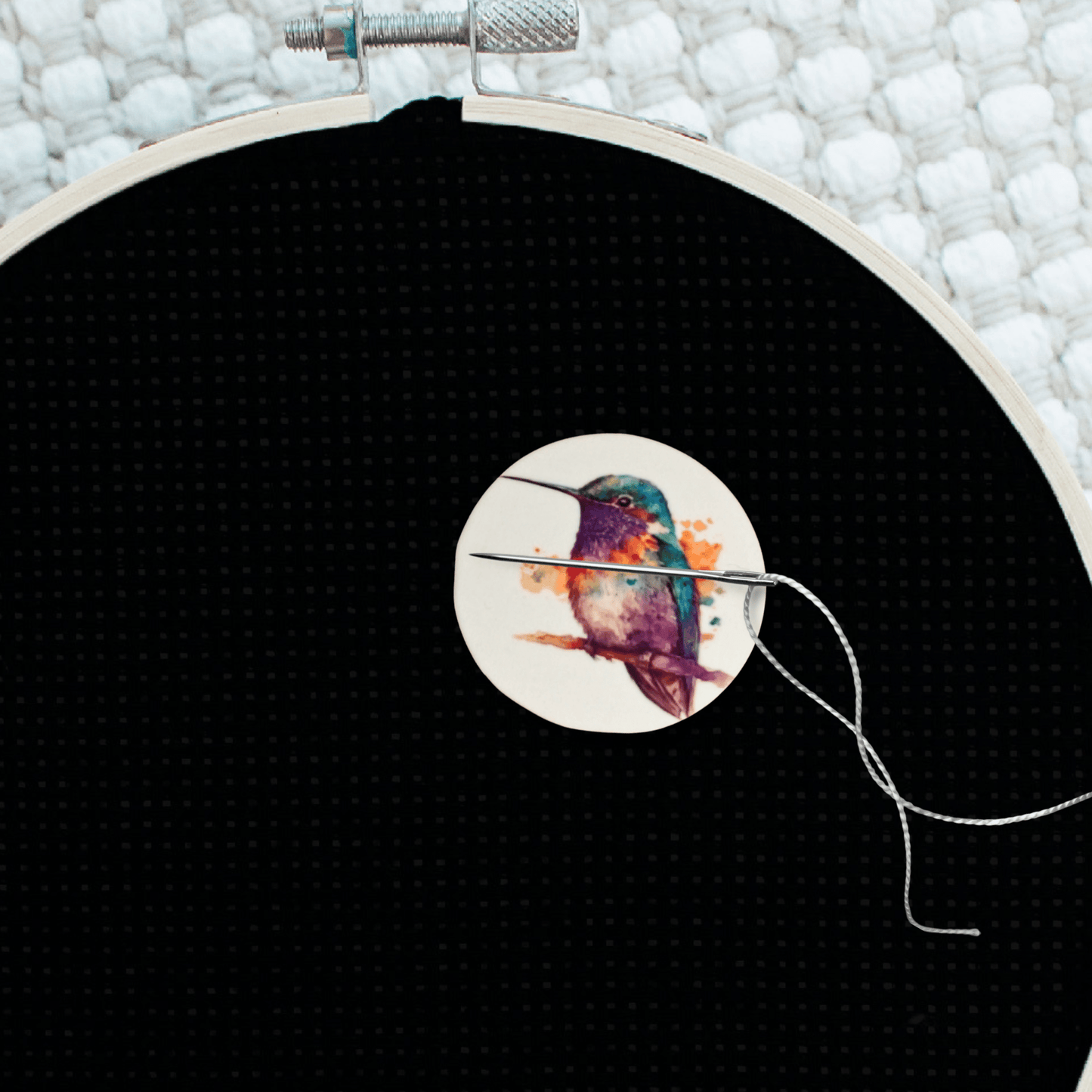 Decorative perched rainbow hummingbird cross stitch needle minder magnet