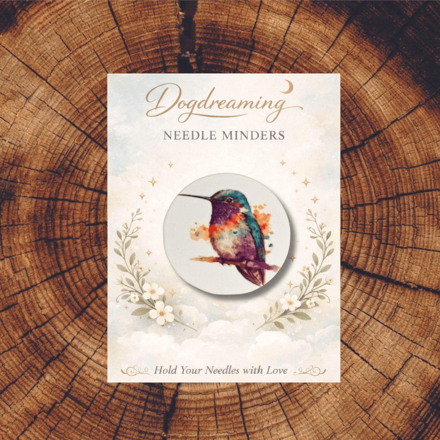Acrylic perched rainbow hummingbird magnetic needle minder for stitchers