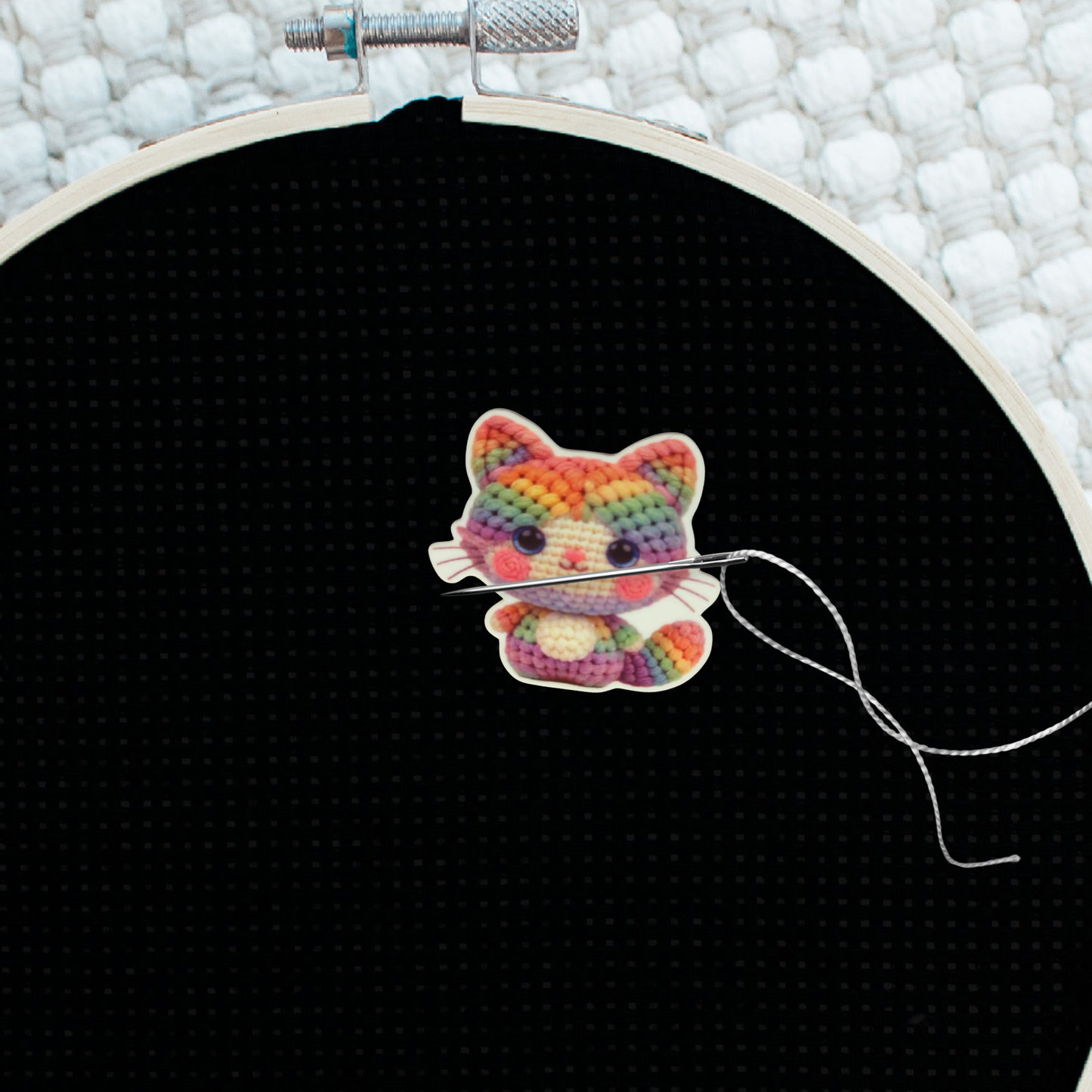Cute Colorful Cat Magnetic Needle Minder, Rainbow Crochet Style Embroidery Needle Holder Tool