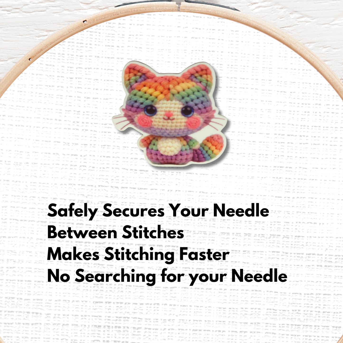 Cute Rainbow Cat Magnetic Needle Minder, Crochet Style Cross Stitch Needle Holder for Embroidery and Needlepoint